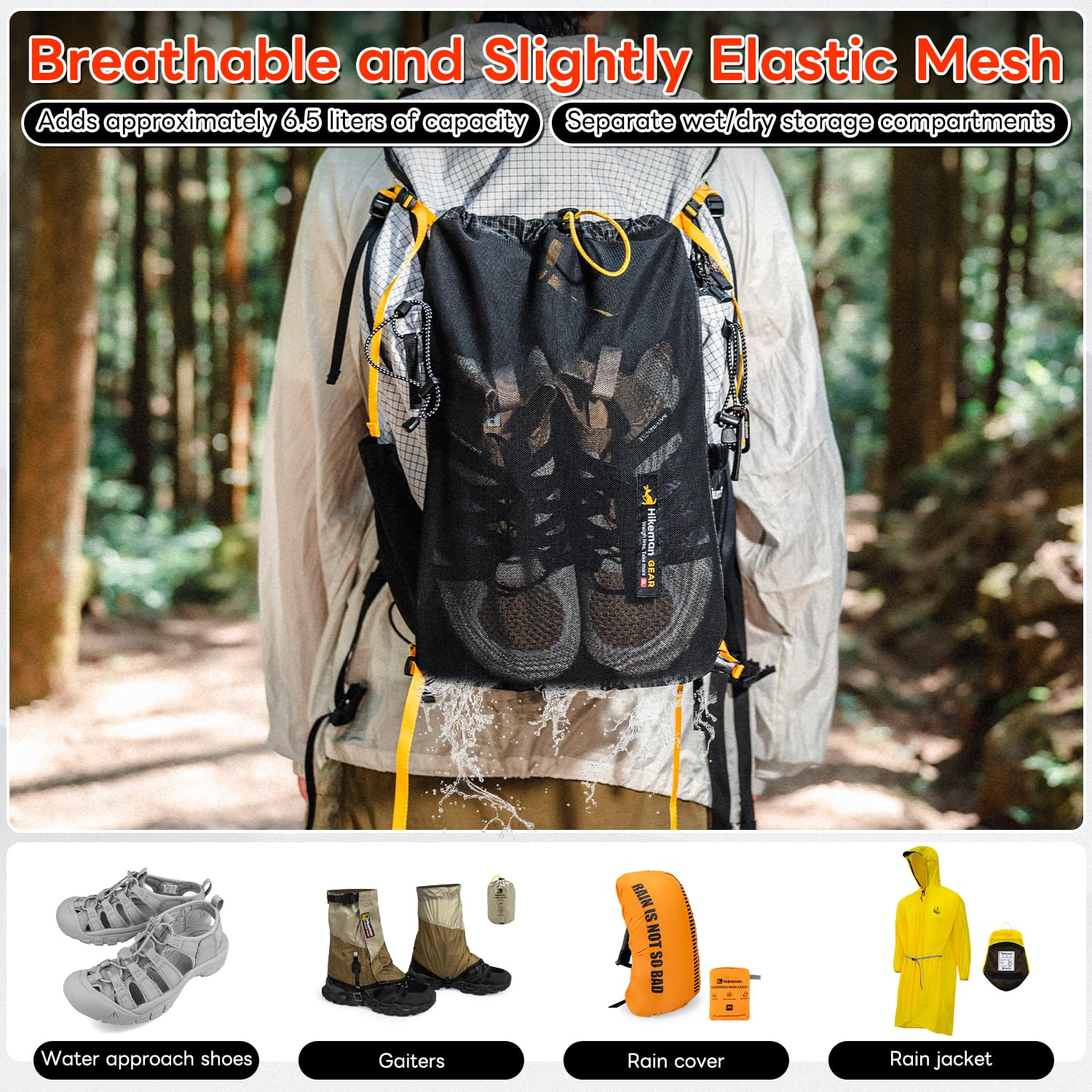 HIKEMAN Kängurutasche für Rucksack, leichte, atmungsaktive Vordertasche, elastische Netztasche, Platz für nasse Kleidung/Regenausrüstung