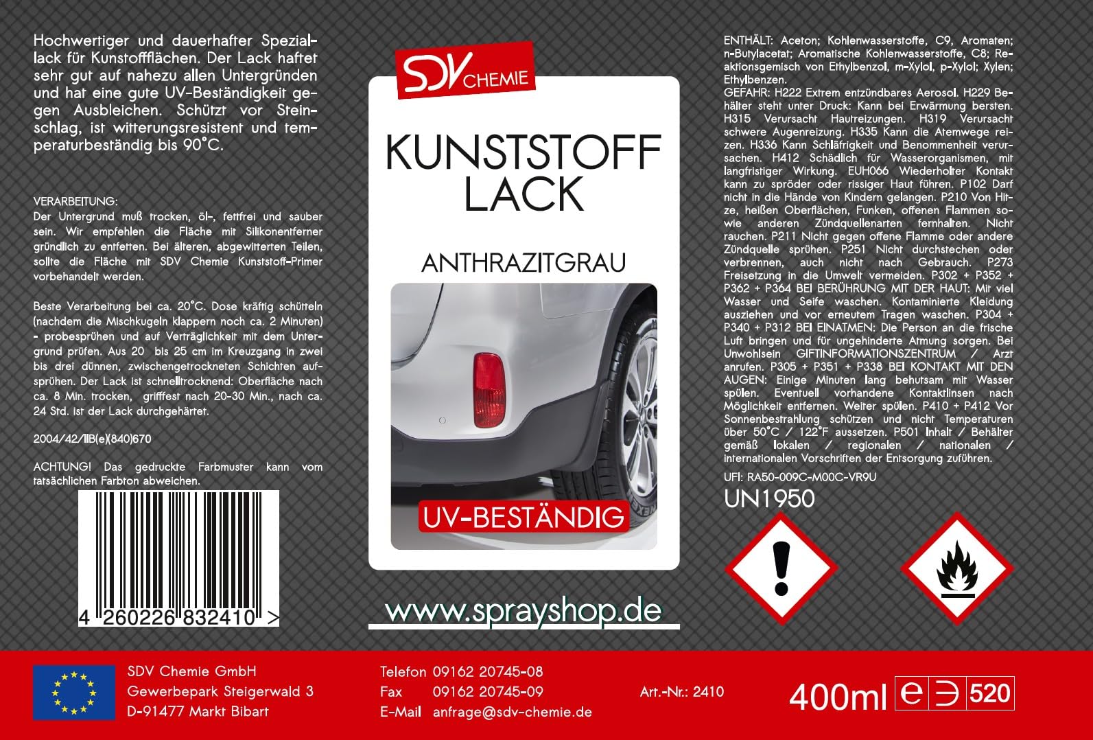 SDV Chemie Kunststofflack Spray anthrazit grau matt 12x 400ml | Stoßstangenlack, Kunststoff Farbe, Plastic