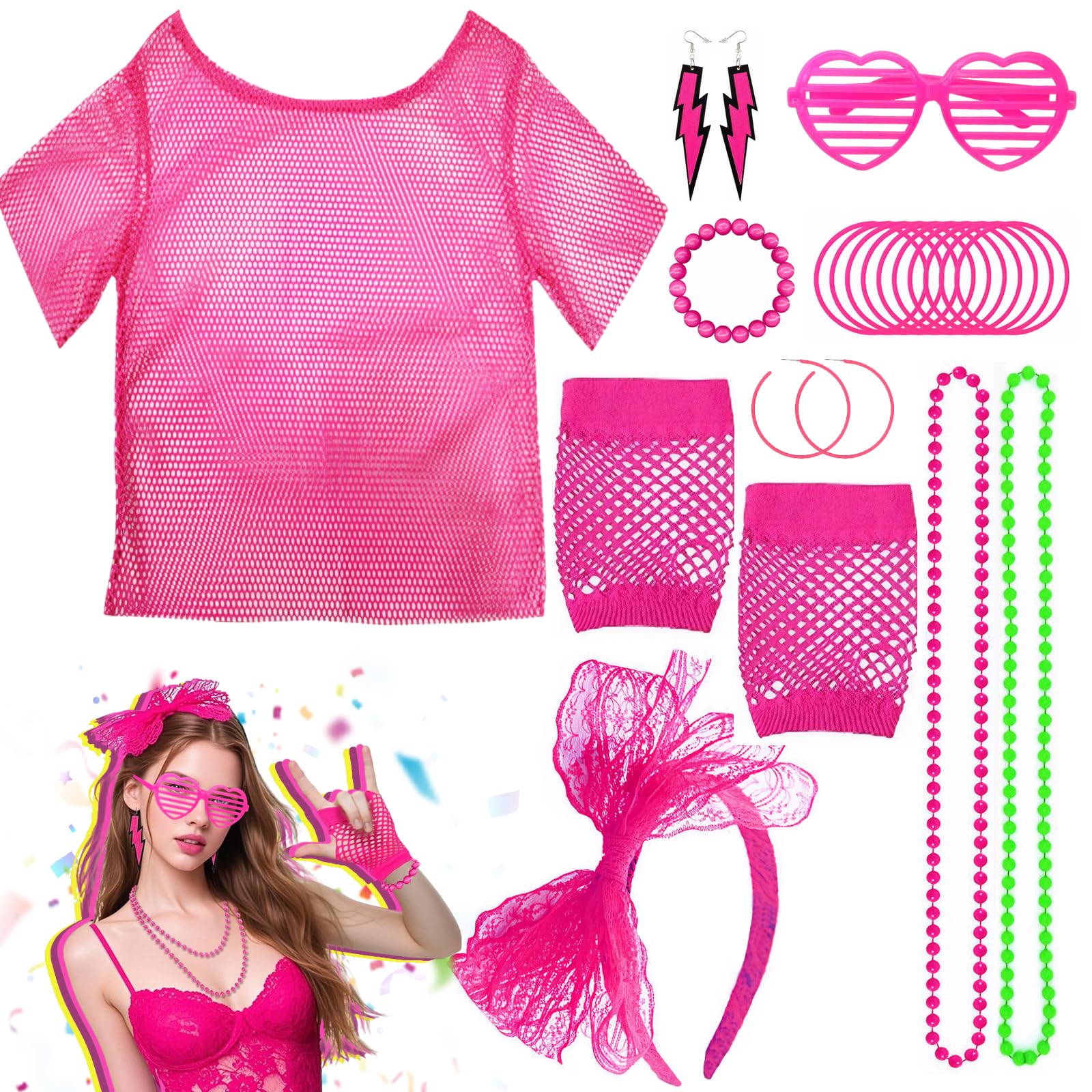 GMHLLES 19PCS 80S Fancy Dress for Women 80 s 90s Party Costume Accessories Neon Clothes with Lace Headband Earrings Necklace for Retro Parties Hen Do Parties