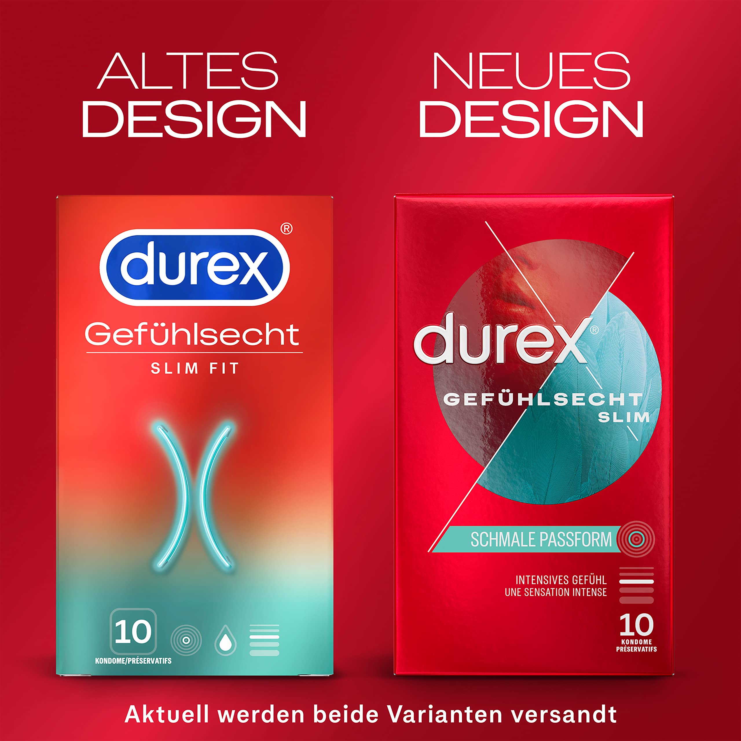 Durex Gefühlsecht Slim Kondome – Dünne Kondome mit schmaler Passform & mit Silikongleitgel befeuchtet– 4er Pack (40 Stück)