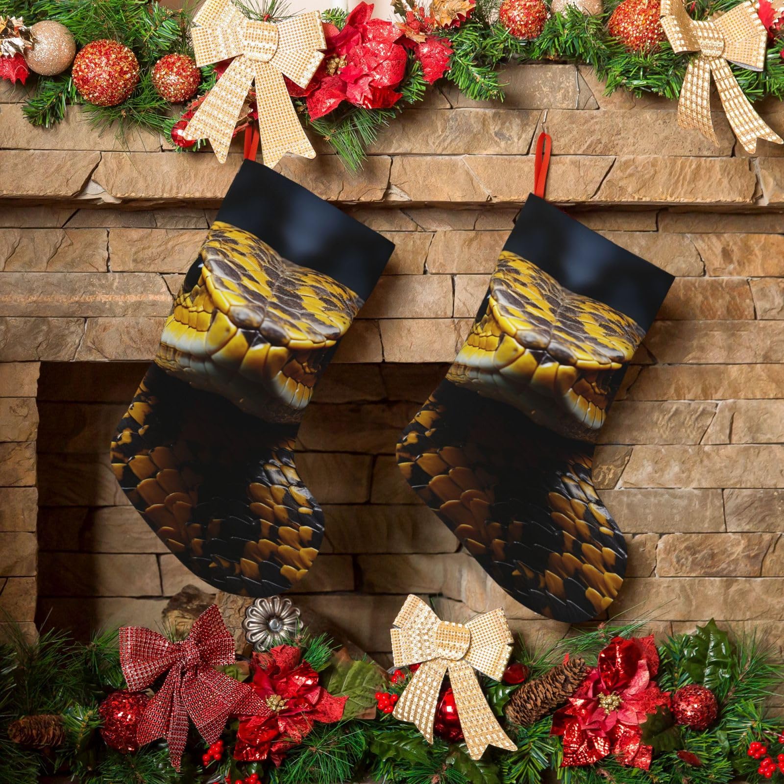 KLOPH Christmas Stockings 18" Personalized Xmas Stocking Yellow Snake Decoration Stocking Hanging Fireplace Stocking for Holiday Xmas Tree Christmas Fireplace Decor