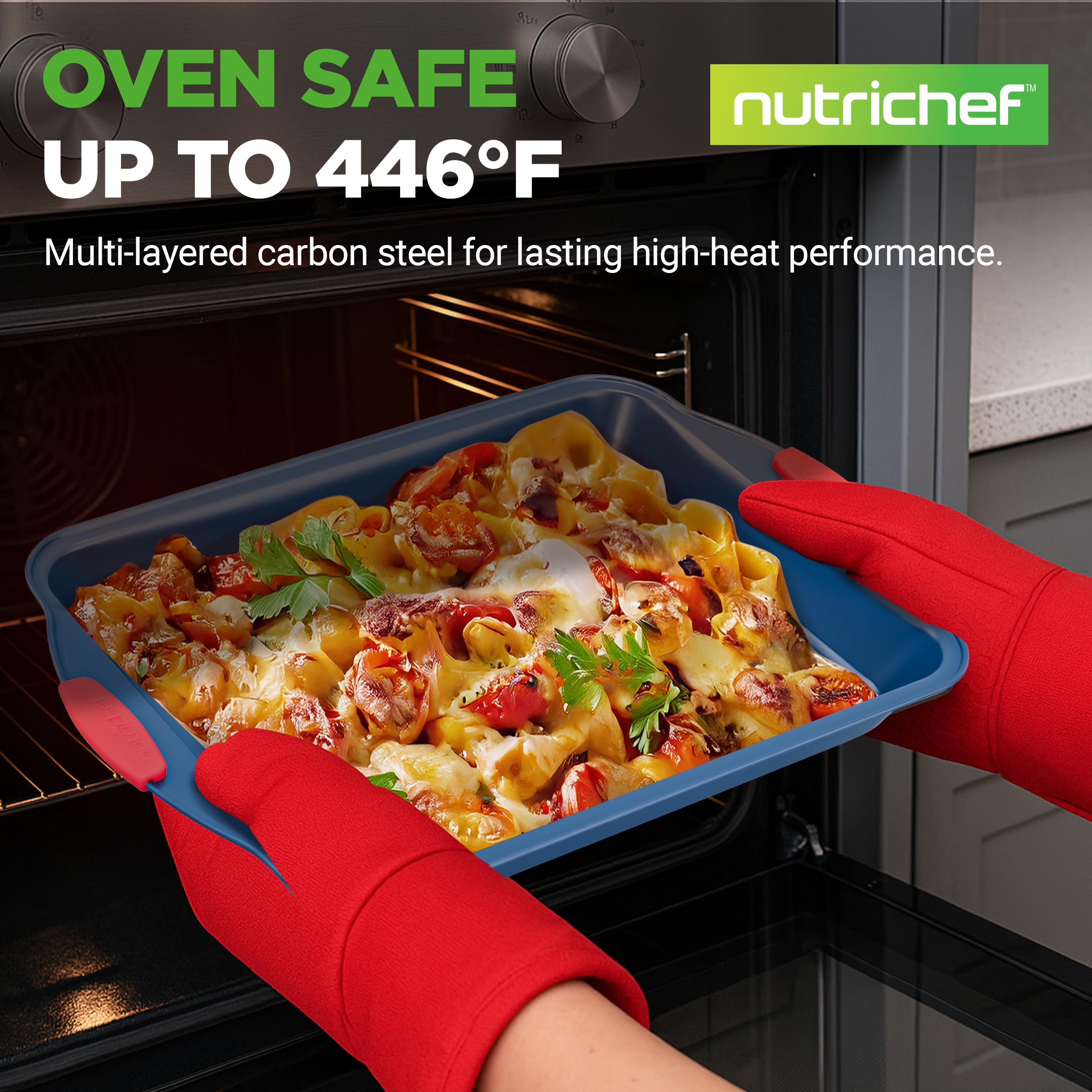 NutriChef Set di 6 teglie da forno antiaderenti in acciaio al carbonio con manici in silicone rosso, rivestimento blu, durevoli e resistenti alle macchie, perfette per cuocere torte, muffin, biscotti
