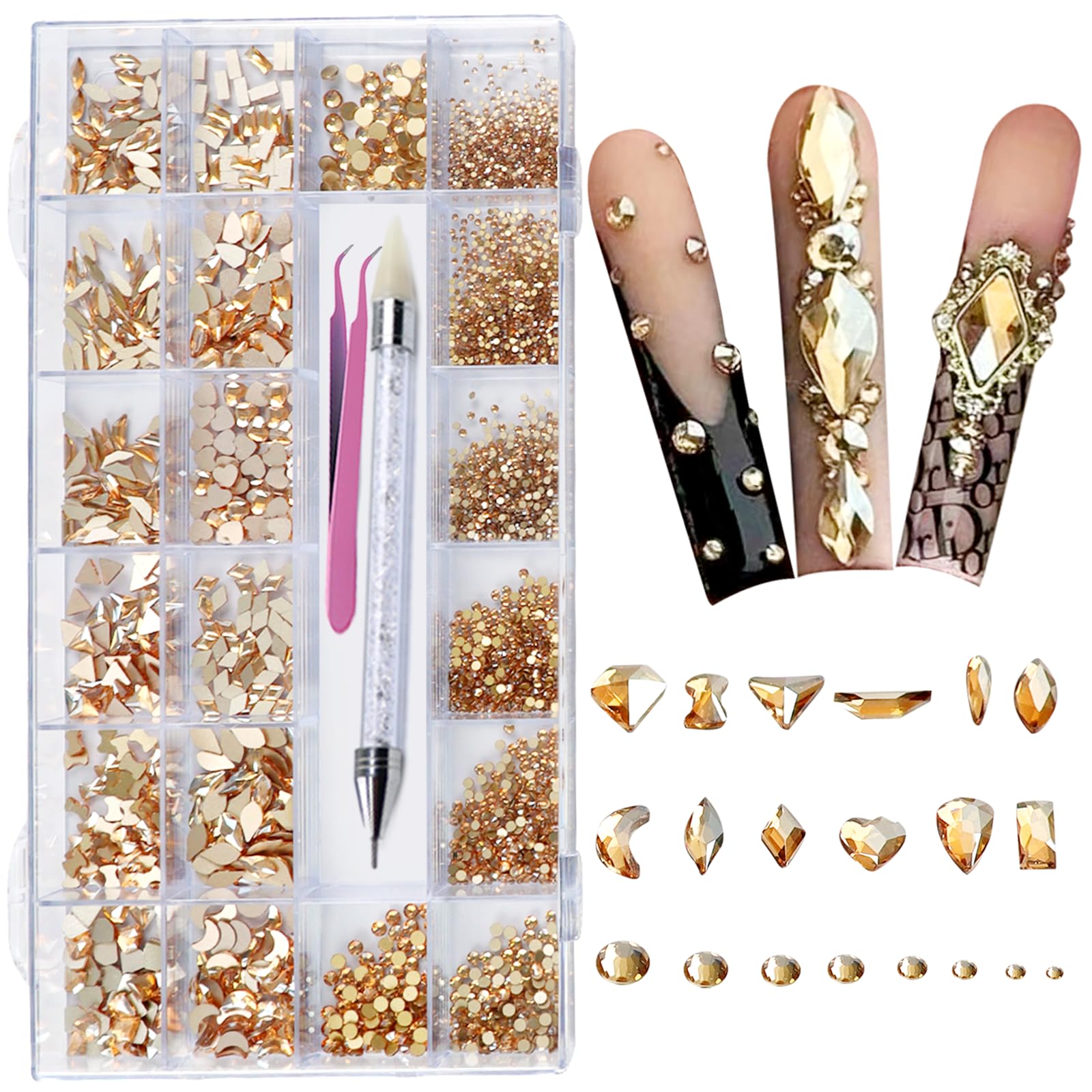 AMLAVIFISH Gold Rhinestones for Nails, 6080Pcs Gold Nail Art Rhinestones Kit, 3D Flatback Crystals Diamonds for Nail Art Design, Mix Sizes Nail Charms and Gems(Picking Pen and Tweezers Included)