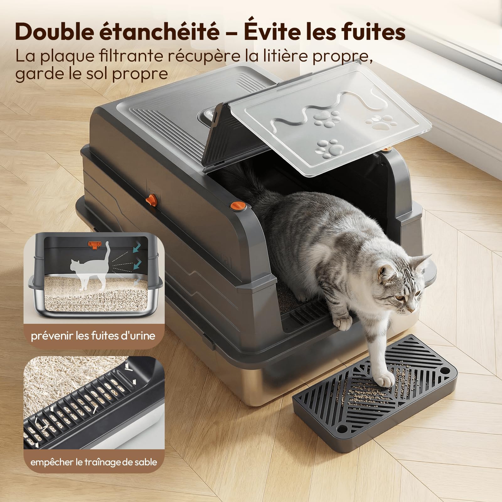JUMMICO 120L bac à litière pour Chat XXXL, bac litière pour Chat en Acier Inoxydable 3 en 1 (Ouvert/Semi-fermé/fermé) avec Couvercle Rabattable 150°, Anti-Rayures et Anti-fuites, Plateau Anti-Sable