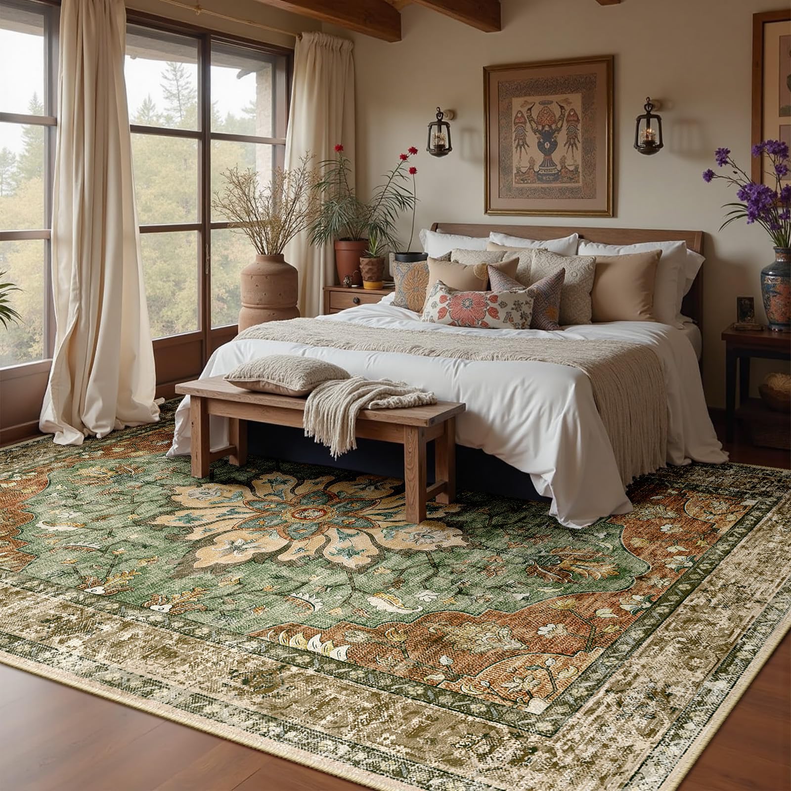 RELEANY Area Rugs 8'x10' Washable Non-Slip, Floral Vintage Distress Print Pattern Medallion Carpet for Living Room Bedroom Dining Room, Brick Red Rust Neutral Brown Burnt Orange Green - 3