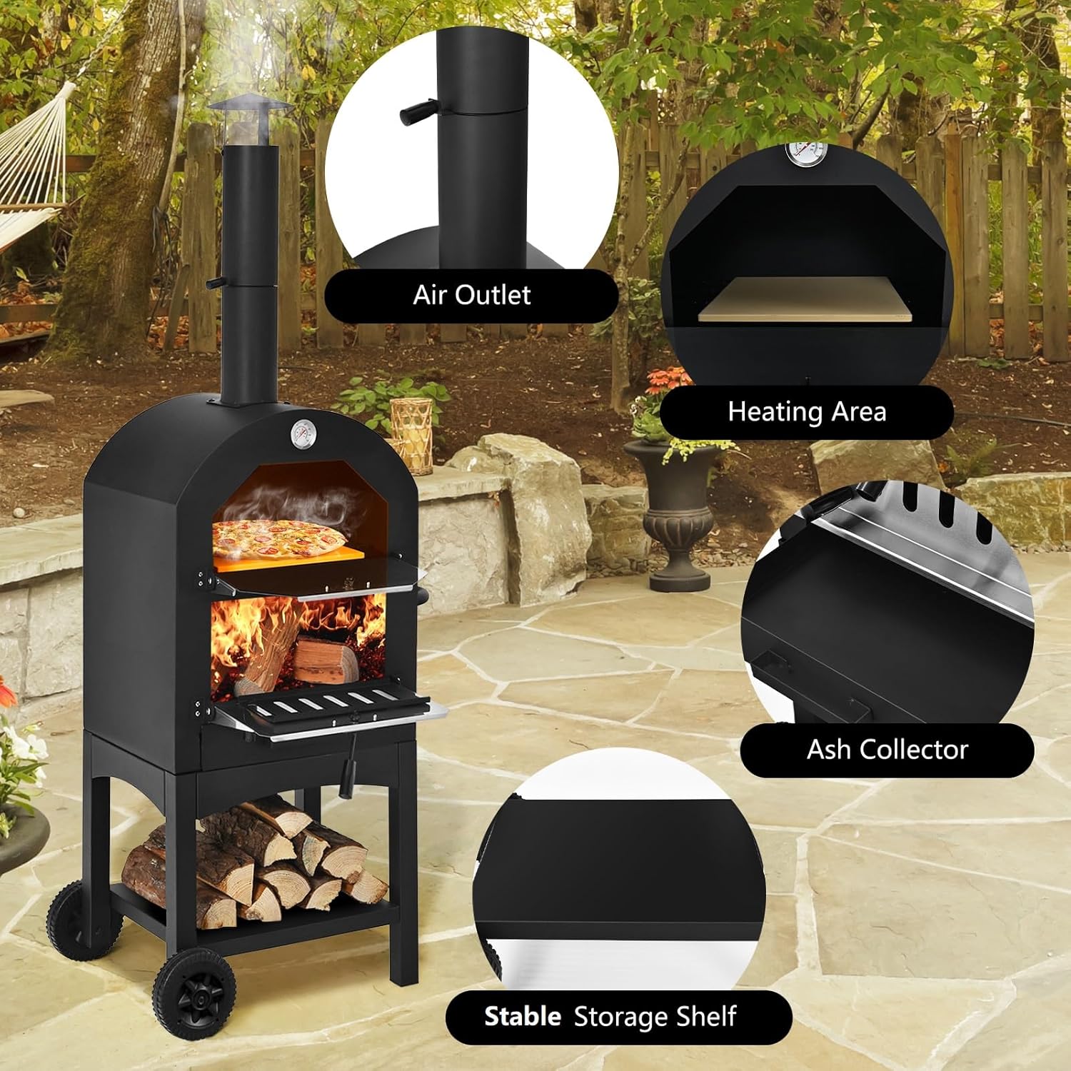 S AFSTAR Pizza Oven Outdoor, Wood Fire Pizza Maker with 2 Large Wheels, Storage Shelf, Waterproof Cover, Pizza Stone, Pizza Peel, Cooking Grids, Mobile Pizza Oven for Party Barbecue Camping Picnic