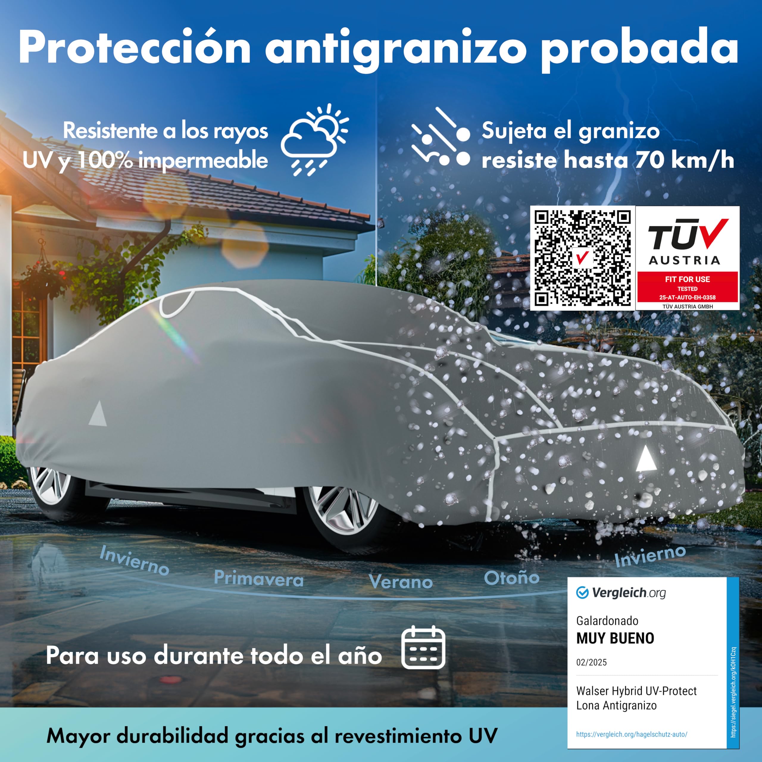 WALSER Premium Funda antigranizo para el Coche Hybrid UV Protect, Galardonado Muy Bueno* Funda Impermeable y Resistente a los Rayos UV, Certificado por TÜV Austria* Lona para Coche Talla 3