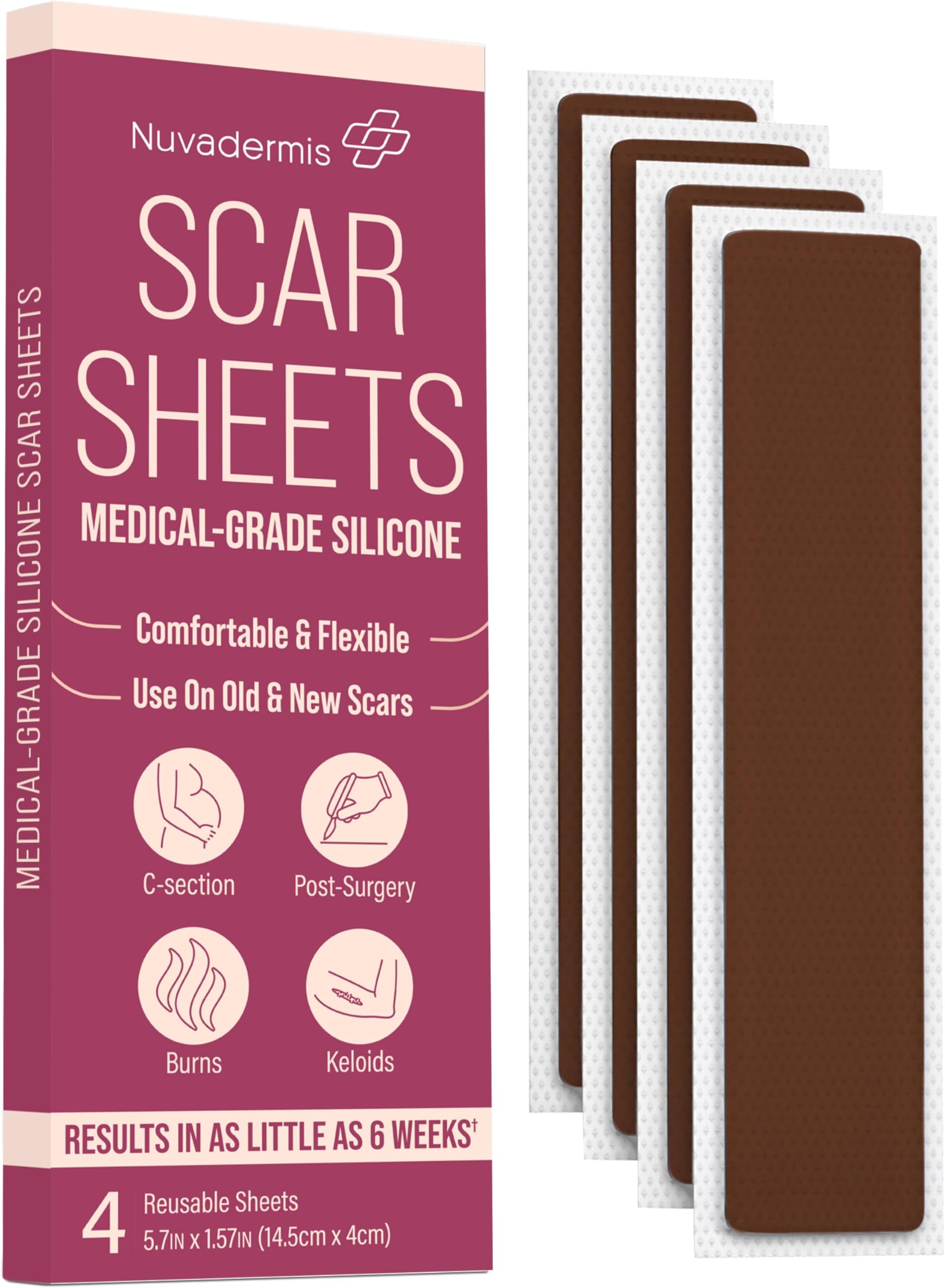 NUVADERMISSilicone Scar Sheets - Extra Long Scar Sheets for C-Section, Tummy Tuck, Keloid, and Surgical Scars - Reusable Medical Grade Silicone Scar Sheets - Pack of 4 - Dark Tone