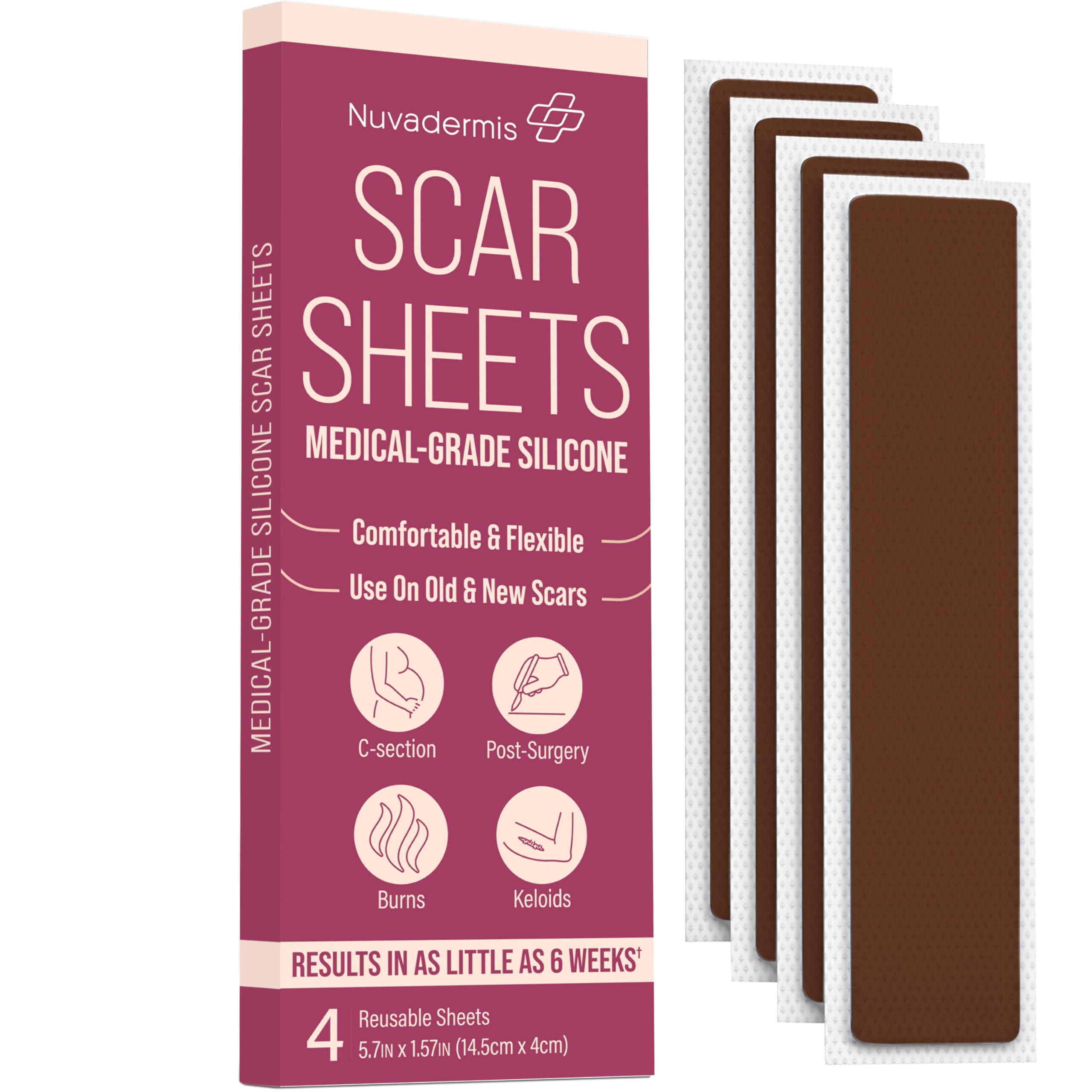 NUVADERMISSilicone Scar Sheets - Extra Long Scar Sheets for C-Section, Tummy Tuck, Keloid, and Surgical Scars - Reusable Medical Grade Silicone Scar Sheets - Pack of 4 - Dark Tone