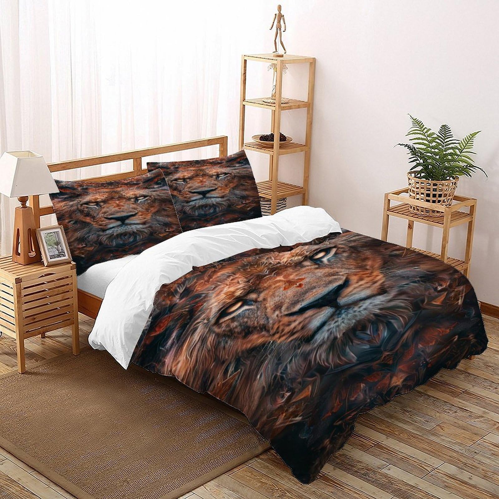Housse de couette lion 3 pièces 260x220cm en microfibre douce avec fermeture éclair pour lit adulte