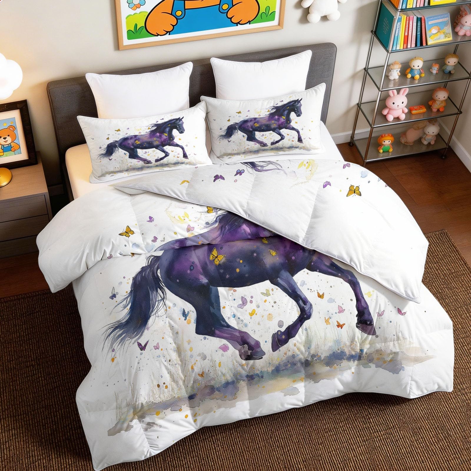Edredón de verano para noches frescas con estampado de caballo y mariposa en acuarela blanca