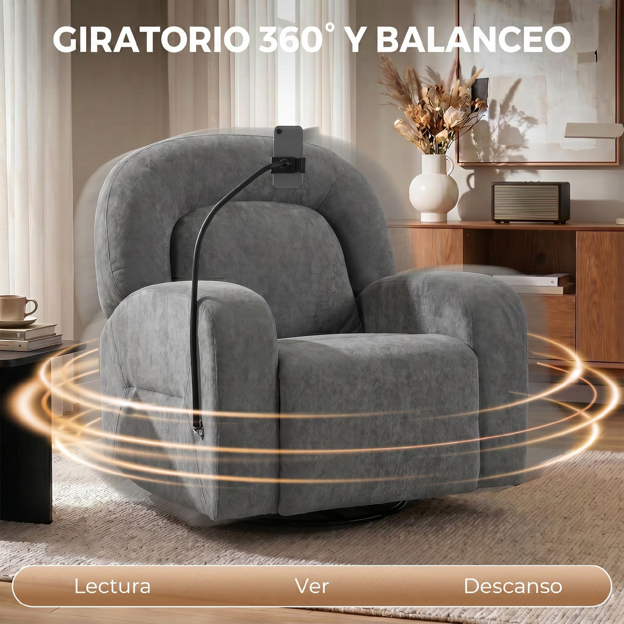 HOMCOM Sillón Relax Reclinable 3 en 1 Función Mecedora Asiento Amplio Gris