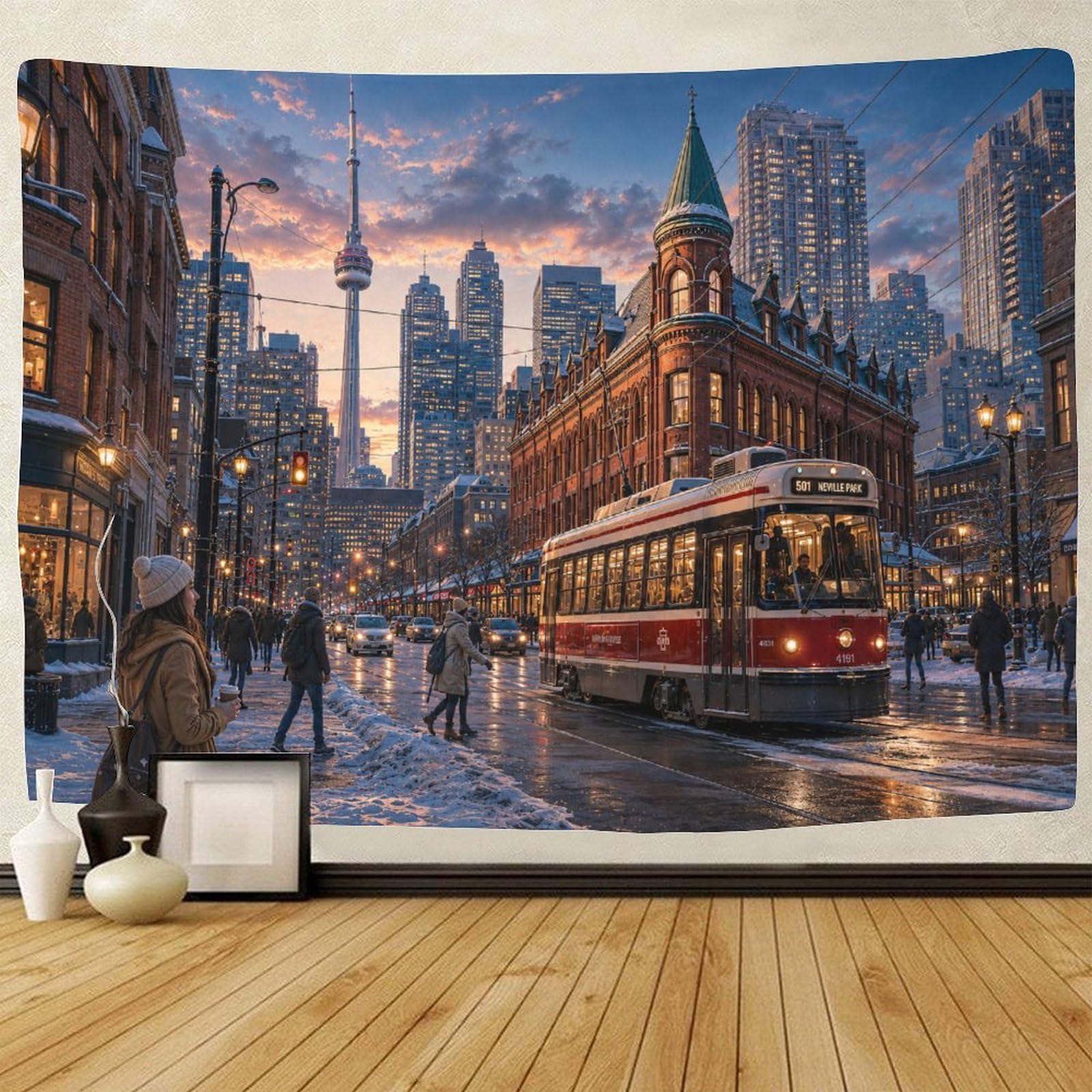 GPMNBCXZK Vintage Toronto Wall Tapestry 3D Print Wall Hanging Decor Winter Streetscape Tapestries Poster Home Decoration Bedroom Dorm 70cmx100cm
