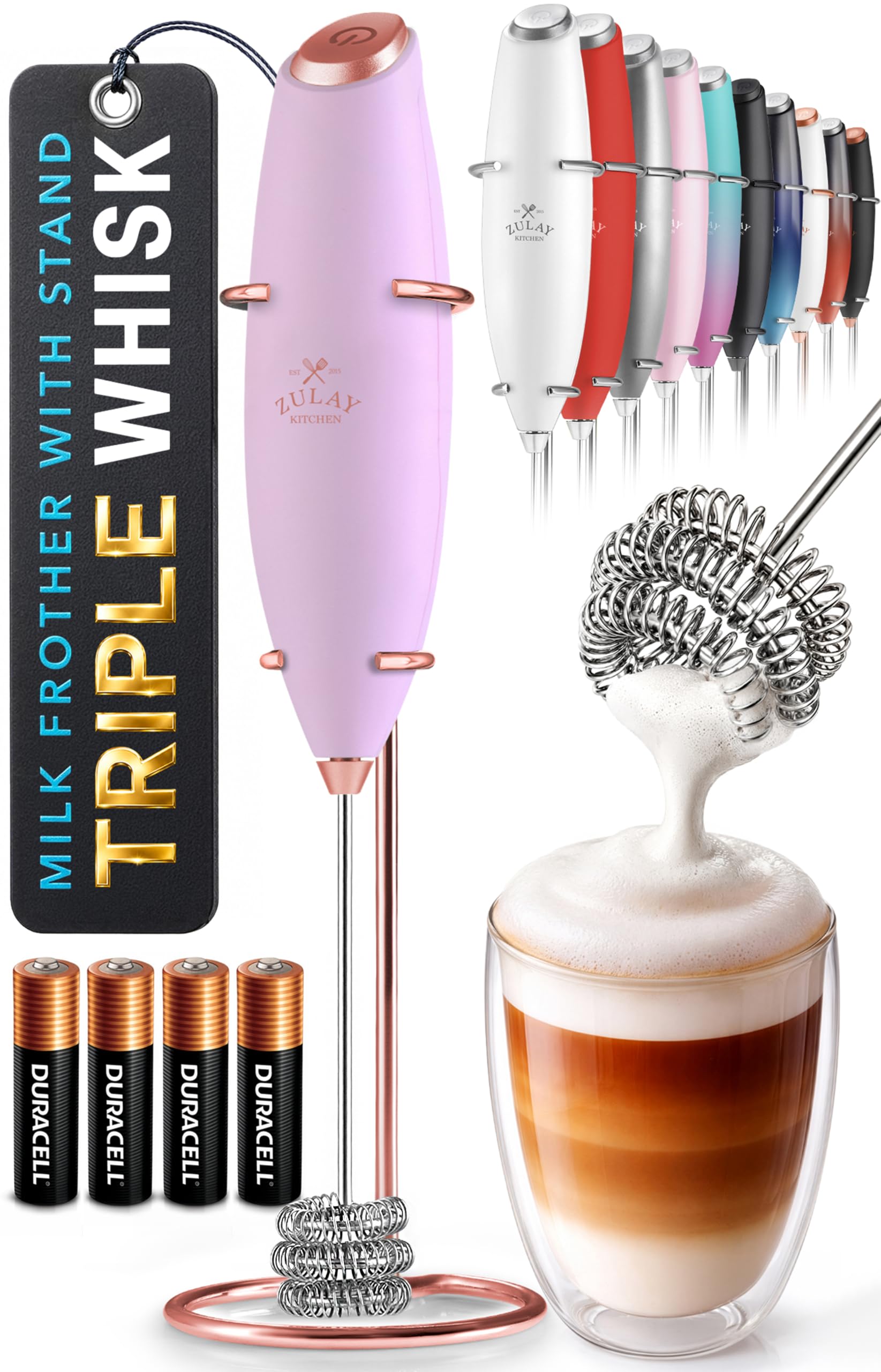 Zulay Kitchen Powerful Milk Frother Wand With Duracell Batteries - Ultra Fast Handheld Drink Mixer - Electric Whisk Foam Maker for Coffee, Lattes, Cappuccino &amp; Matcha - Triple Whisk - Regal Lavender