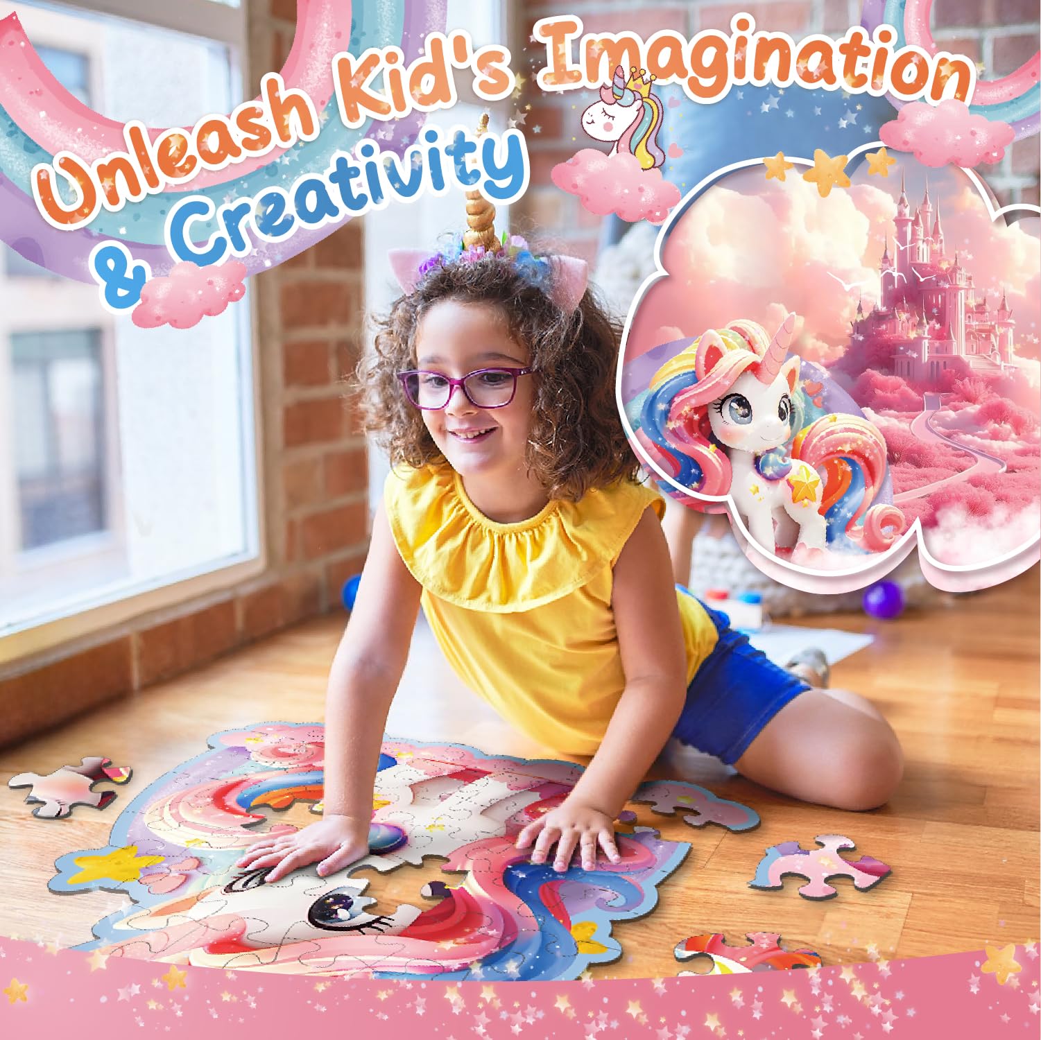 Kiztoys Puzzle de suelo de unicornio para niñas - Regalos de unicornio para niños 3 4 5 6 7 8 años 45 piezas grandes bonitos rompecabezas rosa juguete a partir de 3 – 8 años