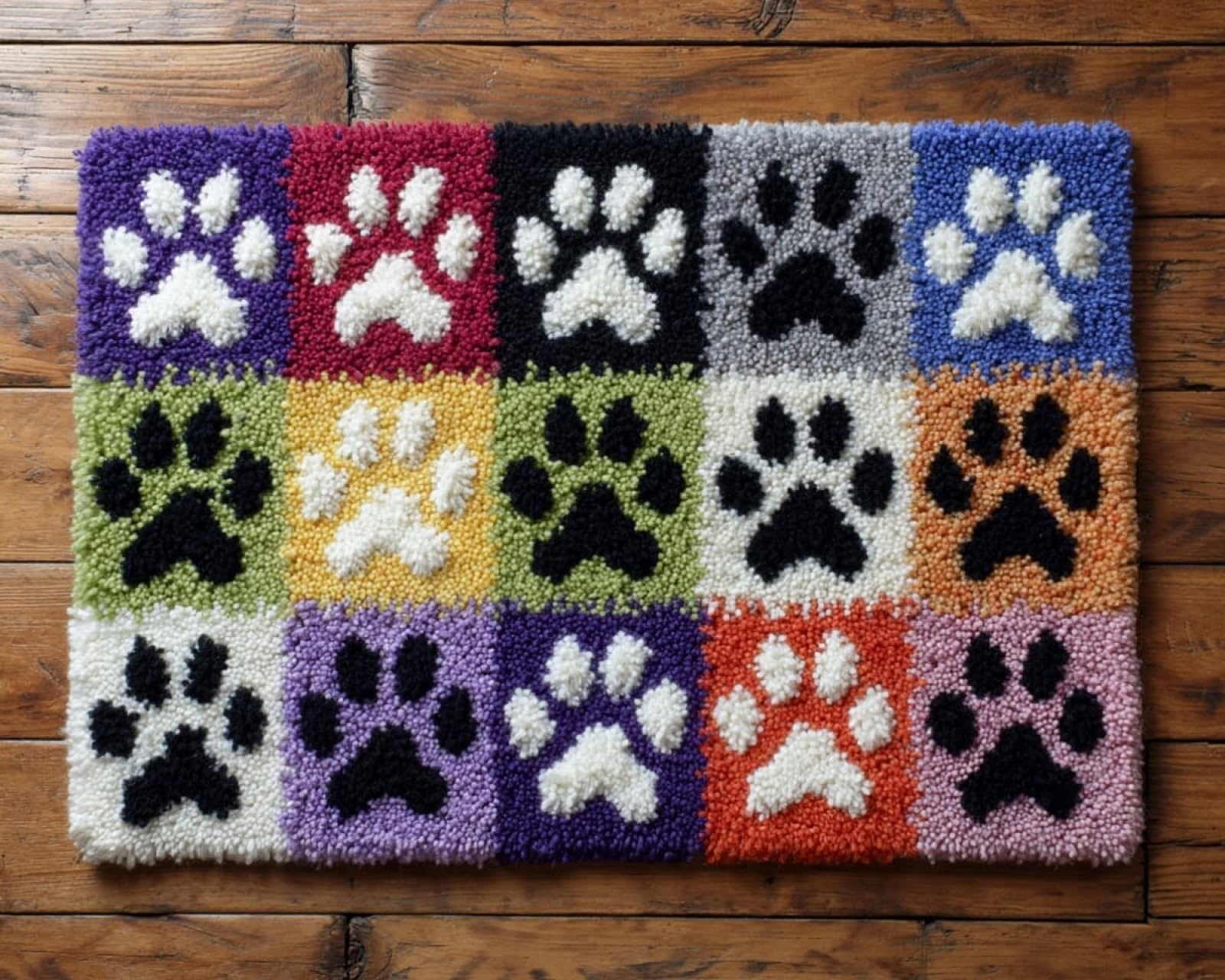 Wallphantom DIY Latch Hook Rug Kit,Colorful Puppy paw Prints,Latch Hook Kits for Adults,Home Carpet Rug Making,Needlework Crafts Rug for Home Decor,60x90cm