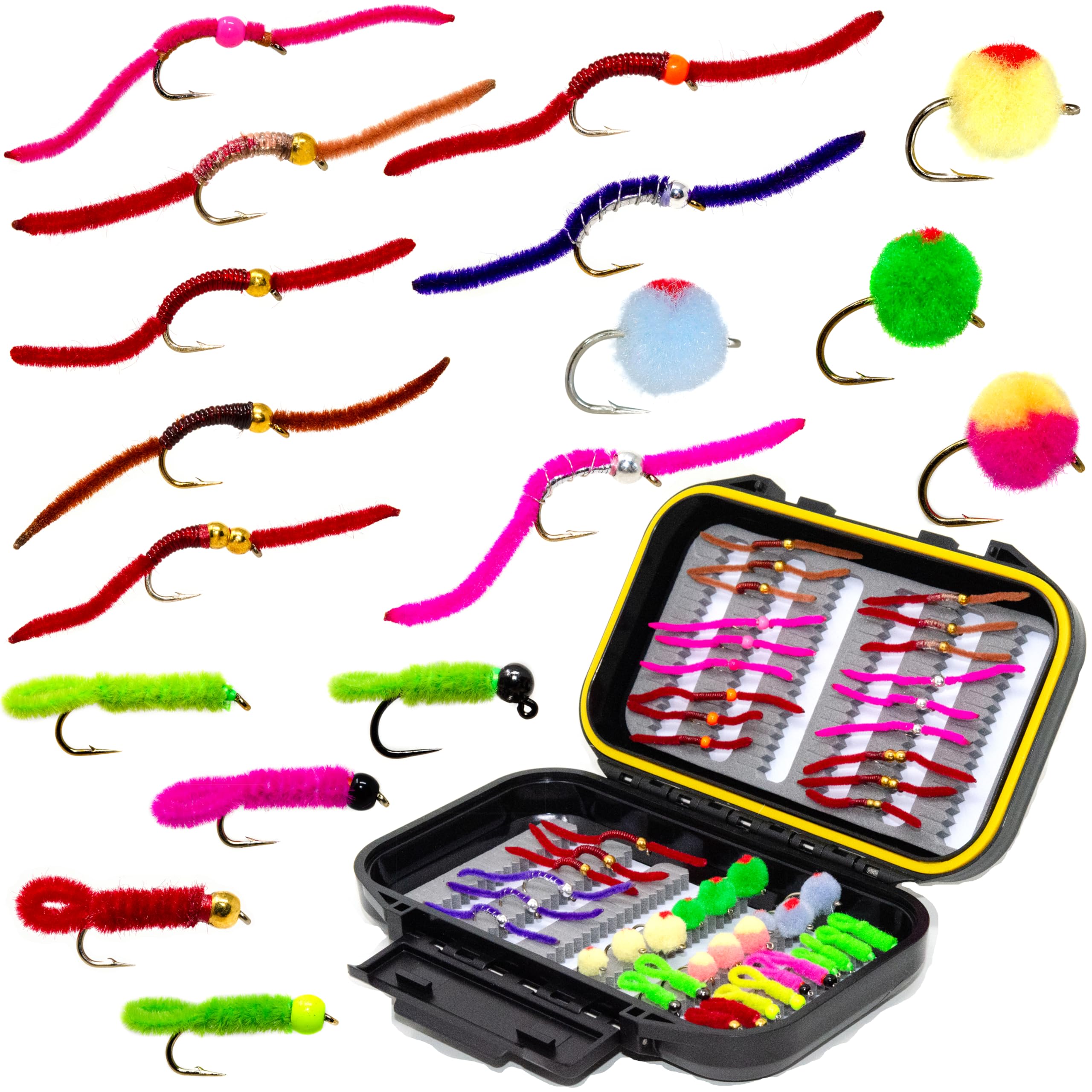 48 Glo Bug Egg, Wennie Caddis Euro Nymph and San Juan Worm Power Bead Trout Bass Fly Assortment with Waterproof Fly Box for Wet Nymph Fly Fishing Flies, Size 10 - 16 — image 1