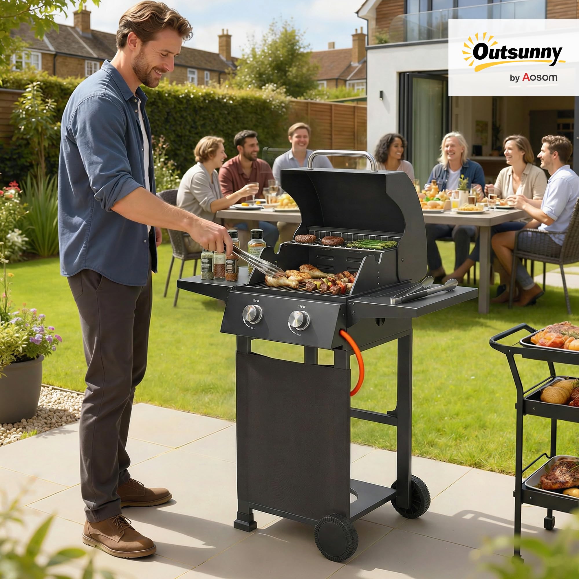 Outsunny Barbecue a Gas 2 Bruciatori 5.4 KW BBQ Portatile con Griglia Ripiani Pieghevoli Coperchio Termometro Ruote Nero