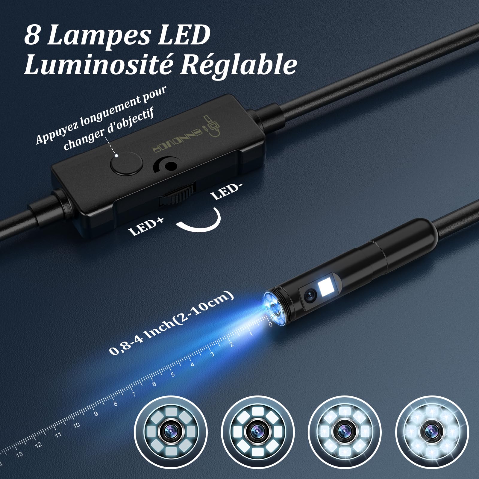 Camera Endoscopique Double Objectif 1920P HD, Camera Inspection Canalisation Étanche IP67 avec 8+1 LED, 10M Câble Semi-Rigide, Compatible Android/iOS, pour Égouts et Tuyaux