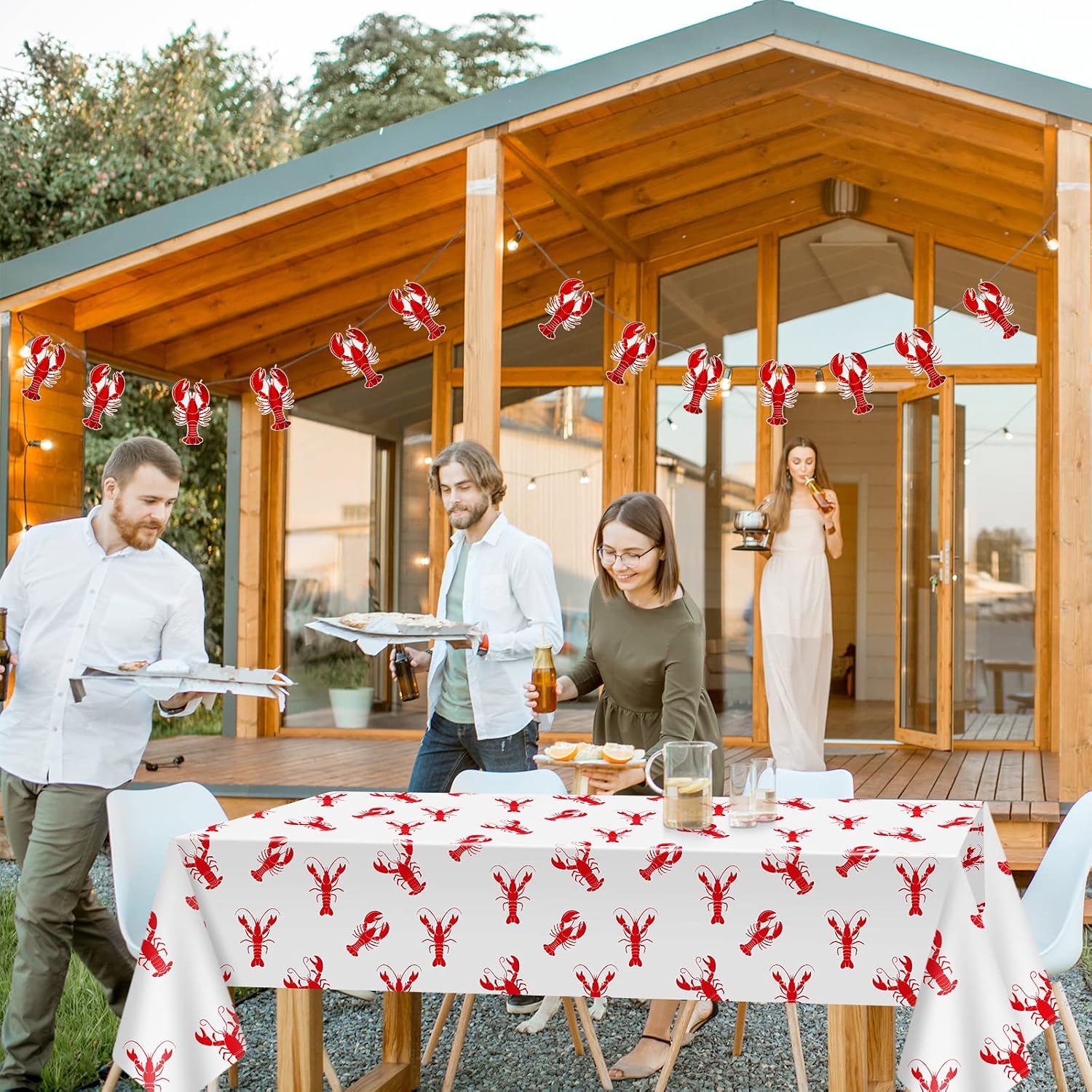 Flutesan 2 Pcs Crawfish Tablecloth and 2 Pcs Lobster Banner Crawfish Boil Table Covers Decorations for Birthday Party Supplies Festival Potluck Barbecue, 86 x 51 Inch, White and Red