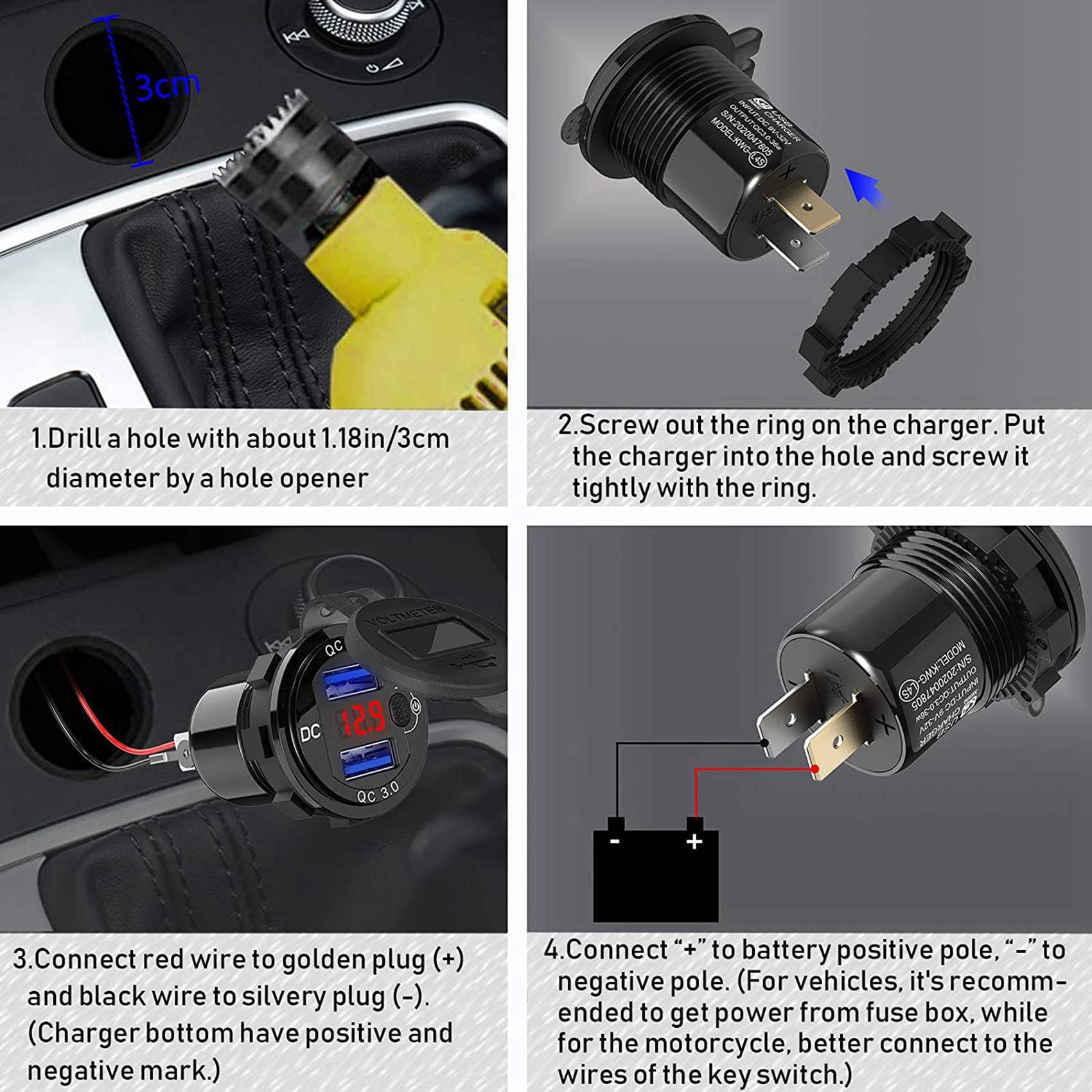 10X Cargador de Coche USB de Carga Rápida 3.0 Dual 12V, Enchufe de Aluminio con BotóN de Interruptor y VoltíMetro Digital Rojo, Impermeable