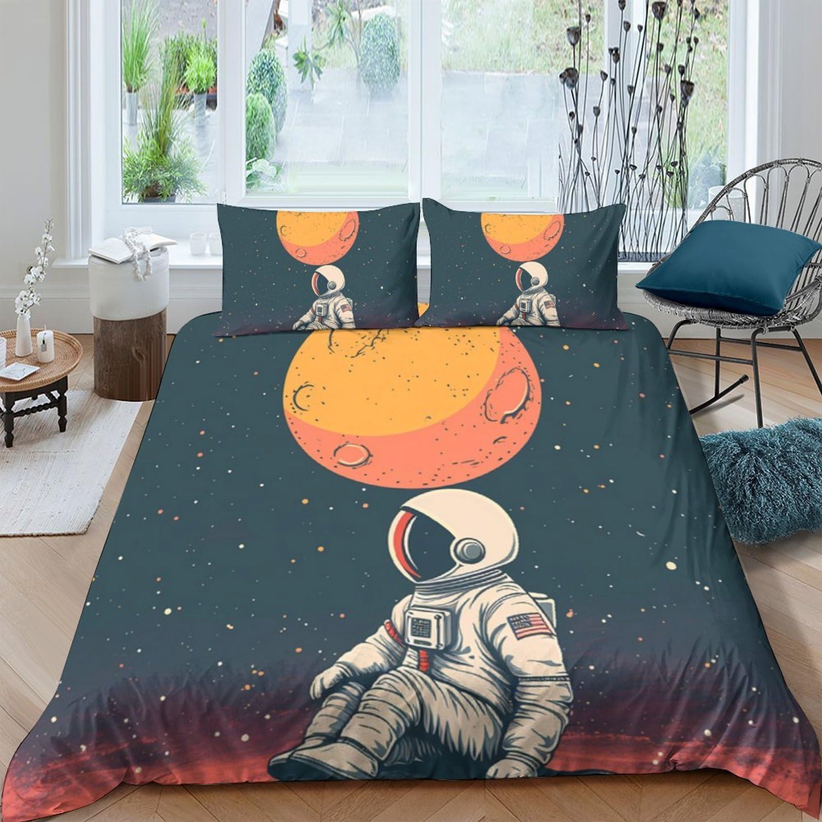 Ctjqhvkz Style-4 3D Printed Astronaut Moon Fitted Sheet Microfiber Soft Breathable Space Planet Bed Cover For Bedroom Dorm Decor Single（135X200cm）