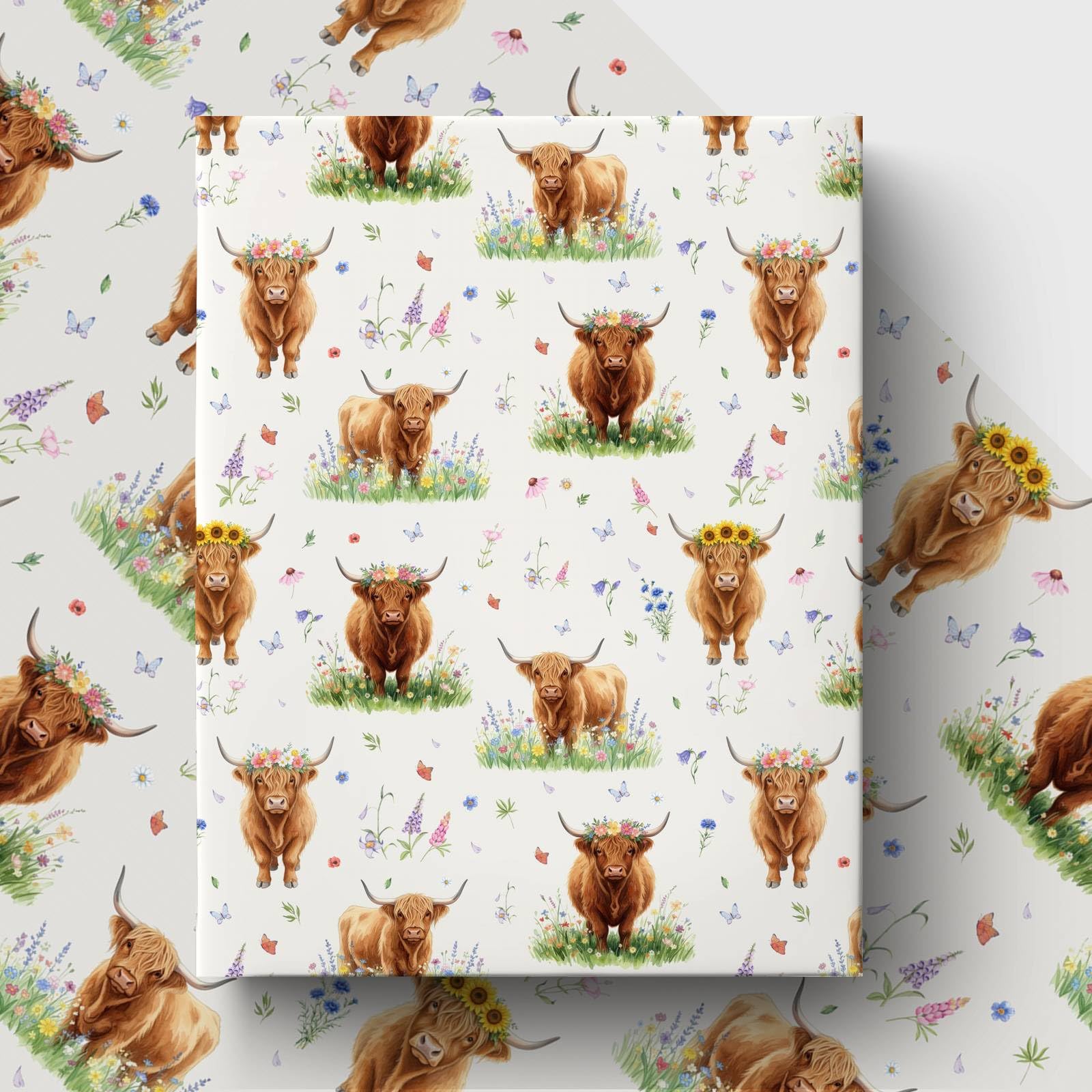 GleeWrap Highland Cow Wrapping Paper for Kids Adults – Cute Floral Cow Gift Wrap with Wildflower Design for Birthday Baby Shower Wedding Gifts – 50x70cm 4 Sheets