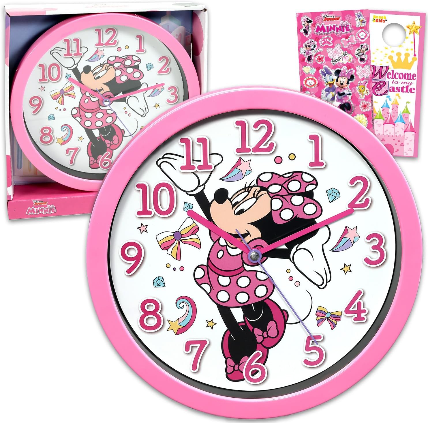 Disney Minnie Mouse Wall Clock Room Decor Bundle with 10" Wall Clock Plus Stickers and More for Kids and Adults | Minnie Mouse Gifts Set