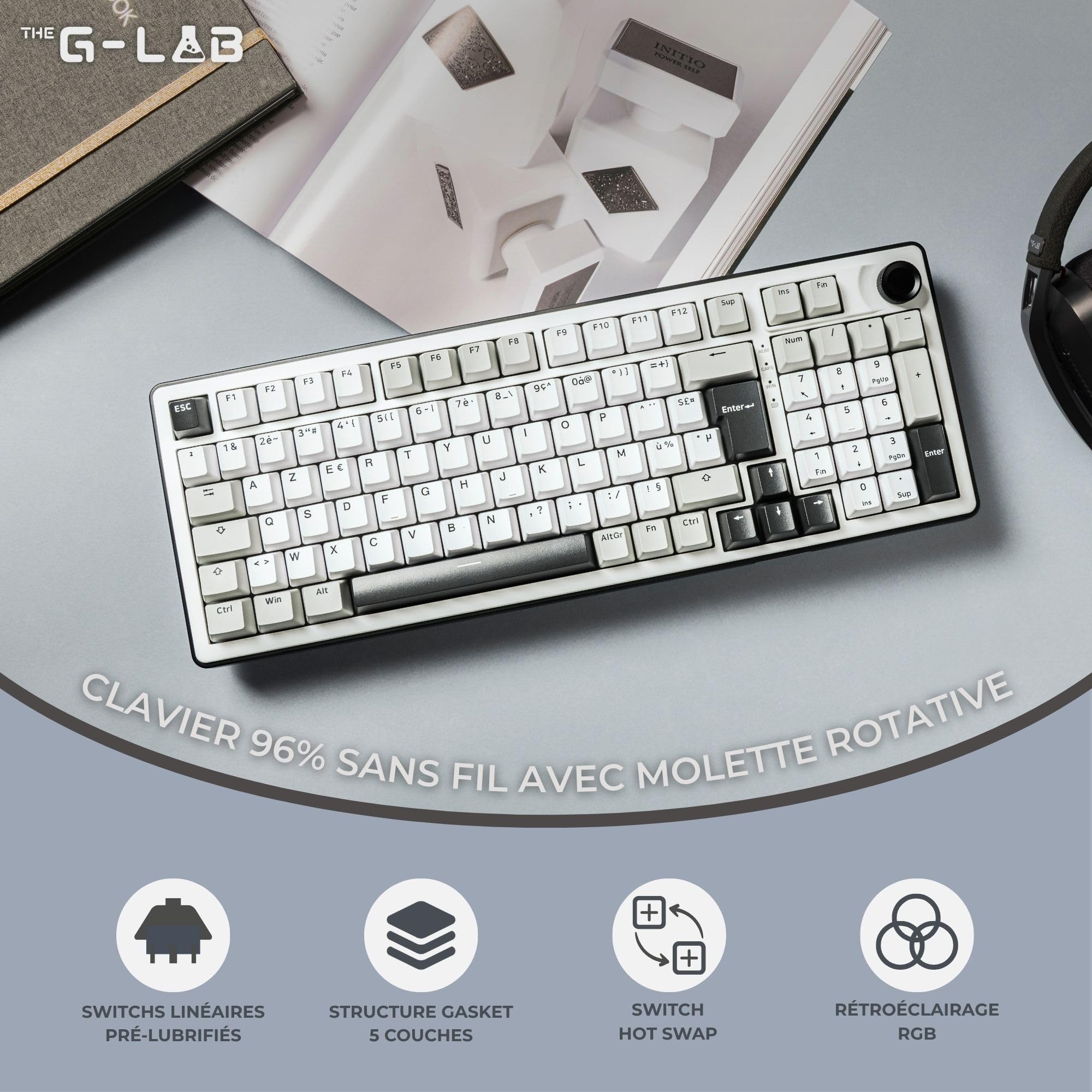 The G-Lab - KEYZ ELITE 400 WG - Bezprzewodowa Klawiatura Gamingowa - Układ AZERTY FR - Mechaniczna Klawiatura z Hot-Swappable Switches, 5-Layer Gasket, Tri-Mode 2.4G/BT/Kabel, RGB i Makra, Win/Mac