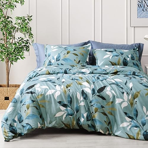 PHF Washed Soft Duvet Cover Set Queen Size, 3 Piece Boho Leaves Printed Comforter Cover Set, Ultra Soft Comfy Durable Farmhouse Duvet Cover with Zipper Closure, 90"x90", Sage Green Botanical