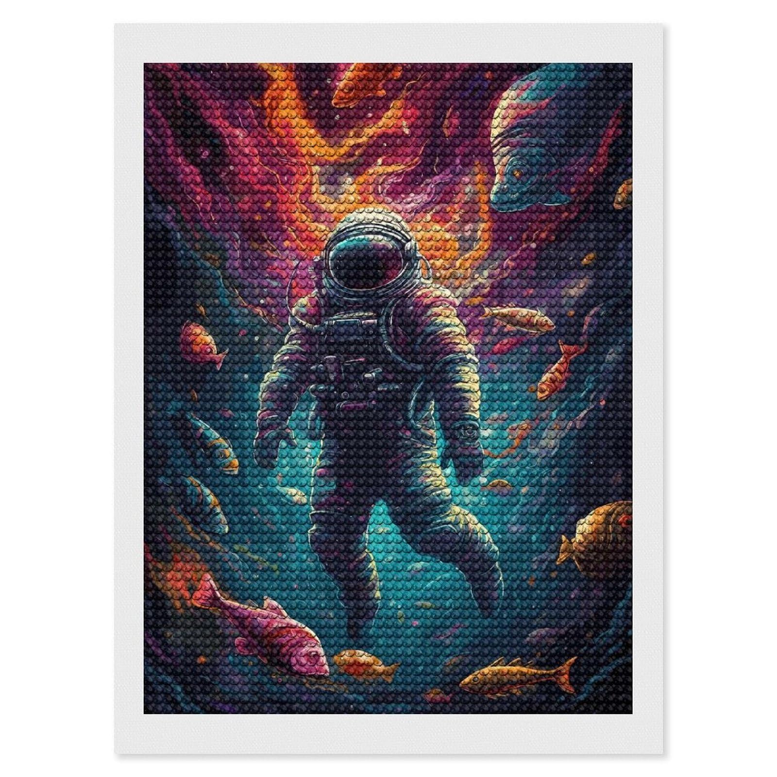 Junmoney Fishing Astronaut Space Diamond Painting Canvas Kit 12"x16", Round Gems, Living Room Decor, Seasonal Gift Choice, Modern Decor