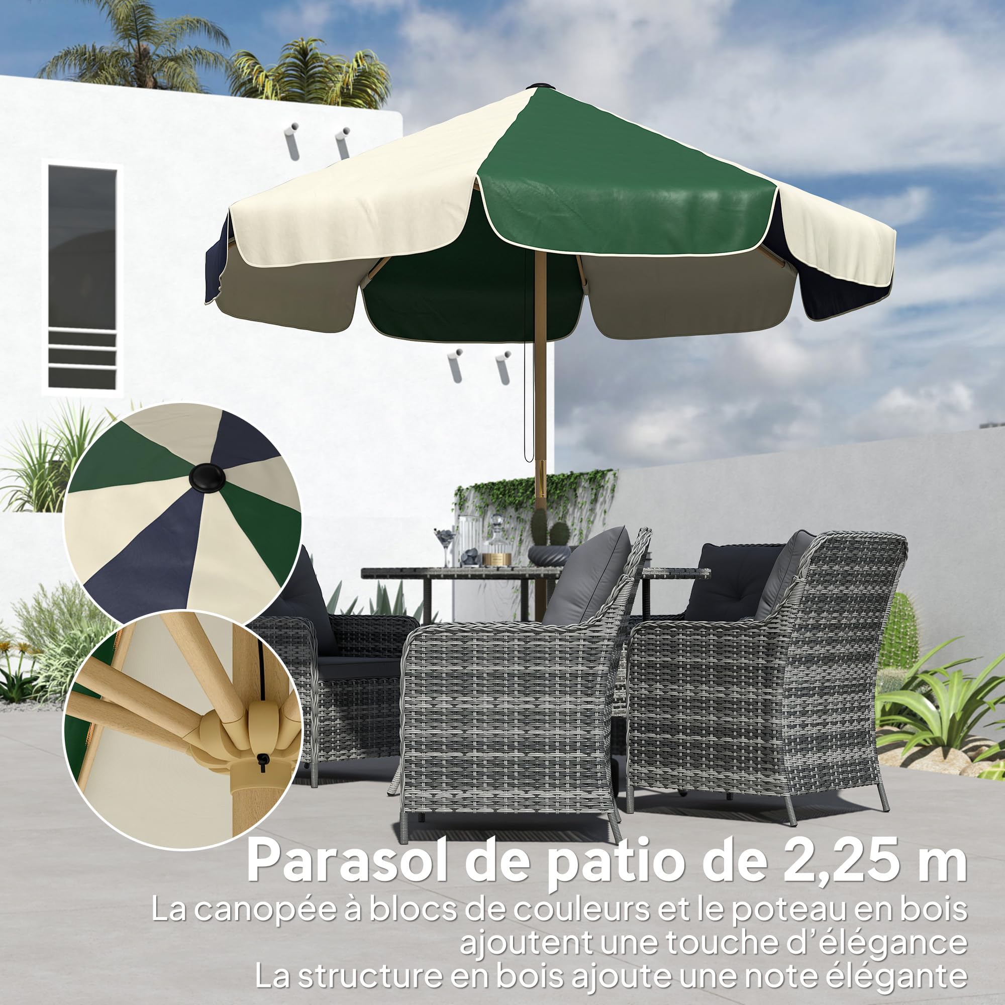 Outsunny Parasol de Jardin à Corde UPF30+ Rétro Ø 226 cm Crème et Vert