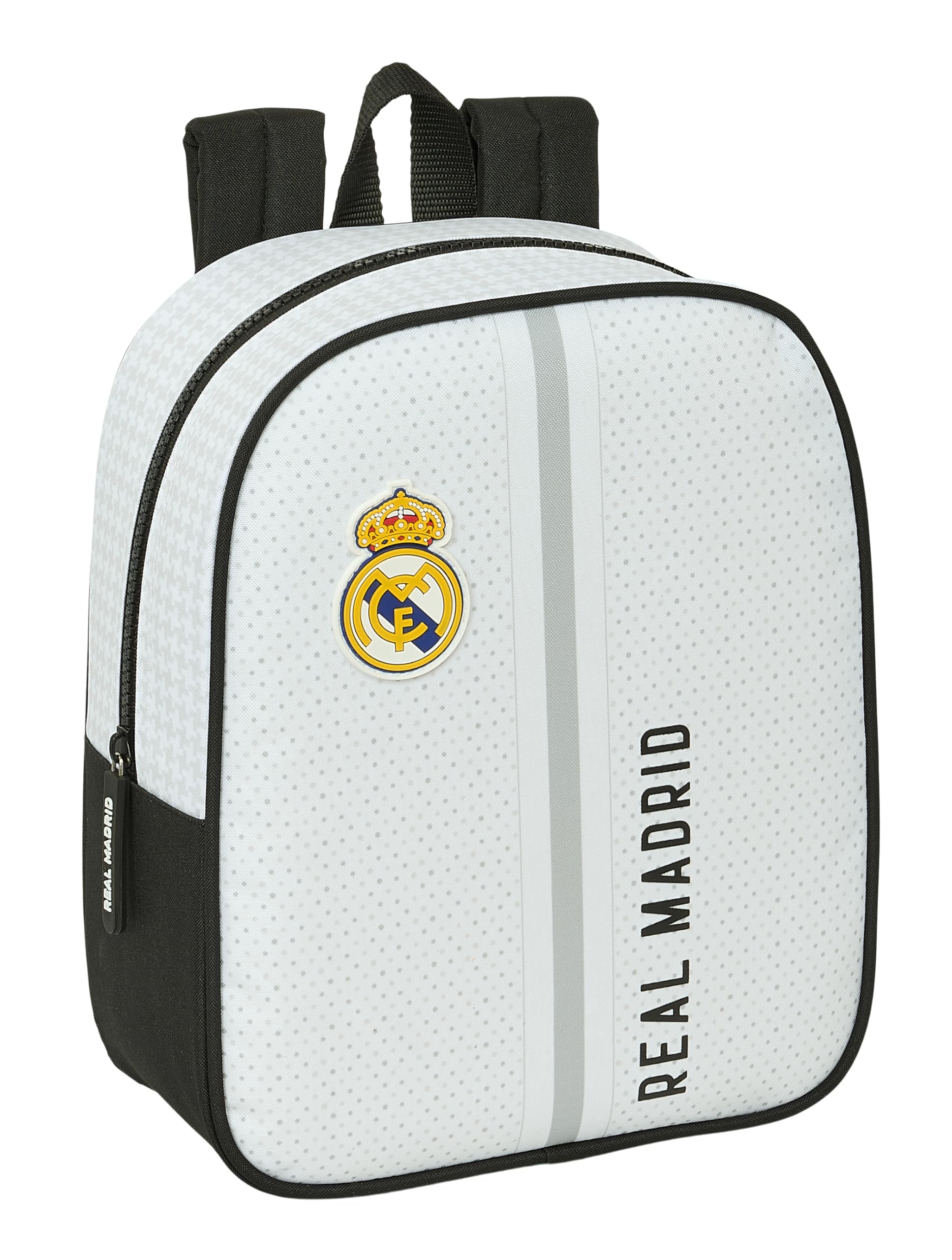 Safta REAL MADRID 1ª EQUIPACIÓN 24/25 - Mochila Infantil, Mochila Niño, Mochila Escolar, Adaptable a Carro, Ideal para Guardería, Cómoda y Versátil, Calidad y Resistencia, 22x10x27 cm, Color Blanco/gris