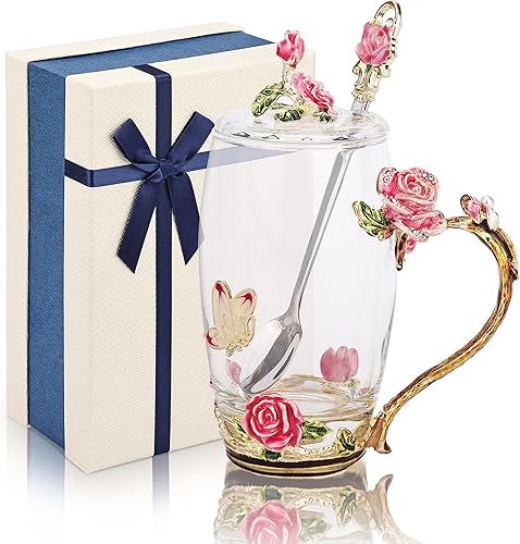 Taza de té de cristal esmaltada con diseño de rosa y mariposa, tazas de café de cristal, para mujeres, Navidad, cumpleaños, San Valentín, día de la