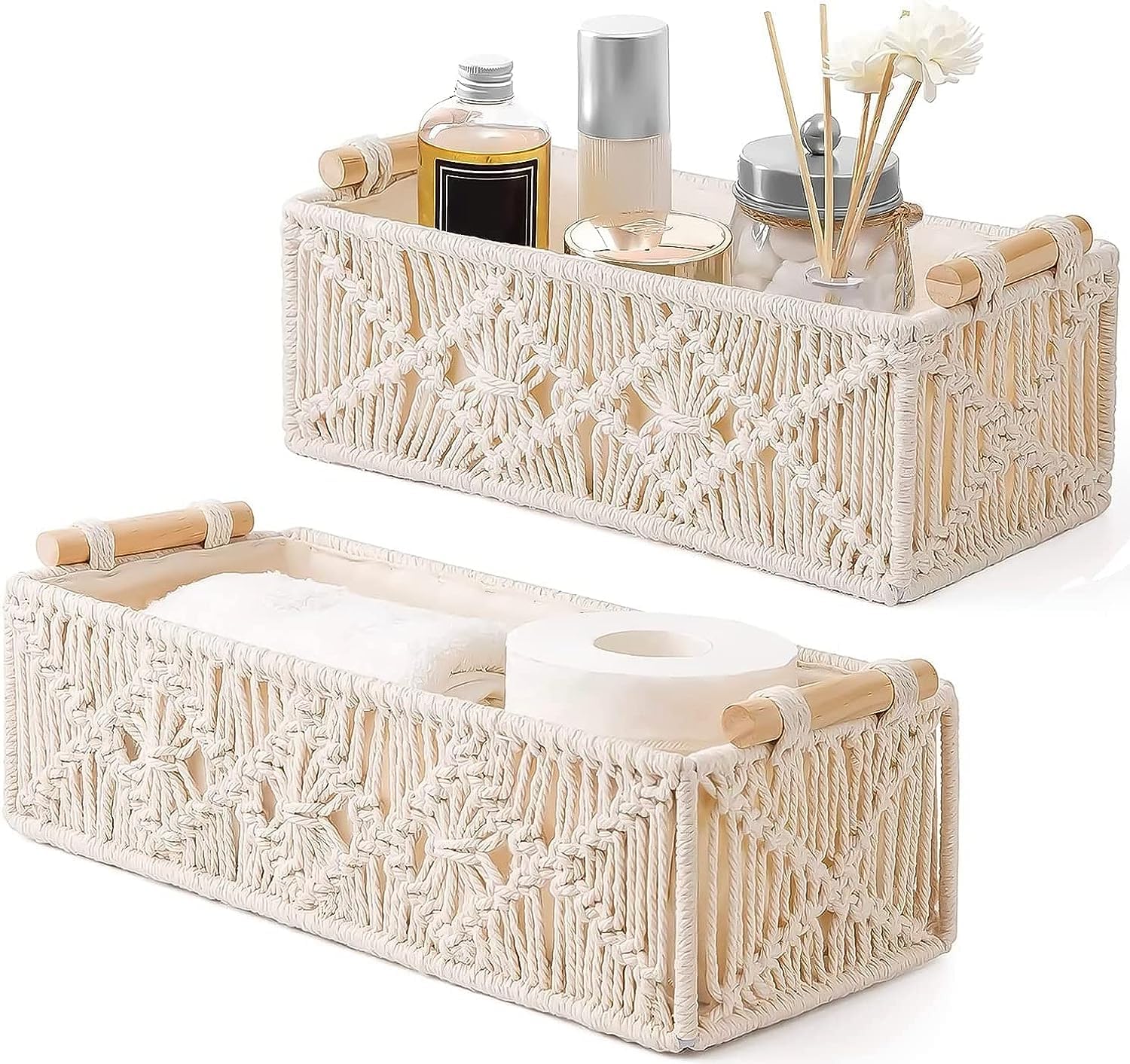 Macrame Storage Baskets Boho Decor Box Handmade Woven Decorative Countertop Toilet Tank Shelf Cabinet Organizer for Bedroom Nursery Livingroom Home, Set of 2 (A)