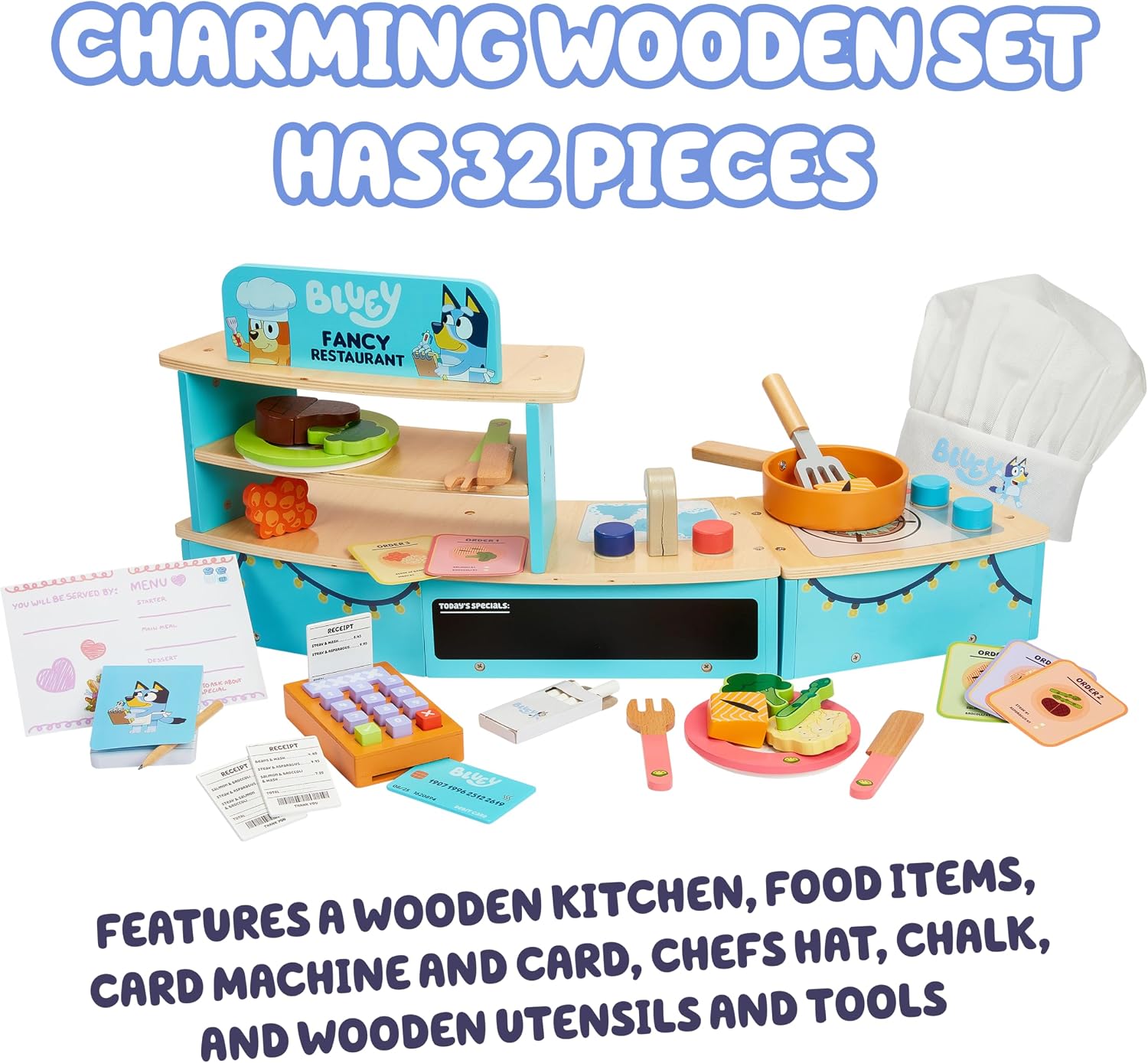 Table Top Bluey Restaurant Set, Cooking Set for Kids w/Utensils for Pretend Play and Family Fun, Restaurant Play Set