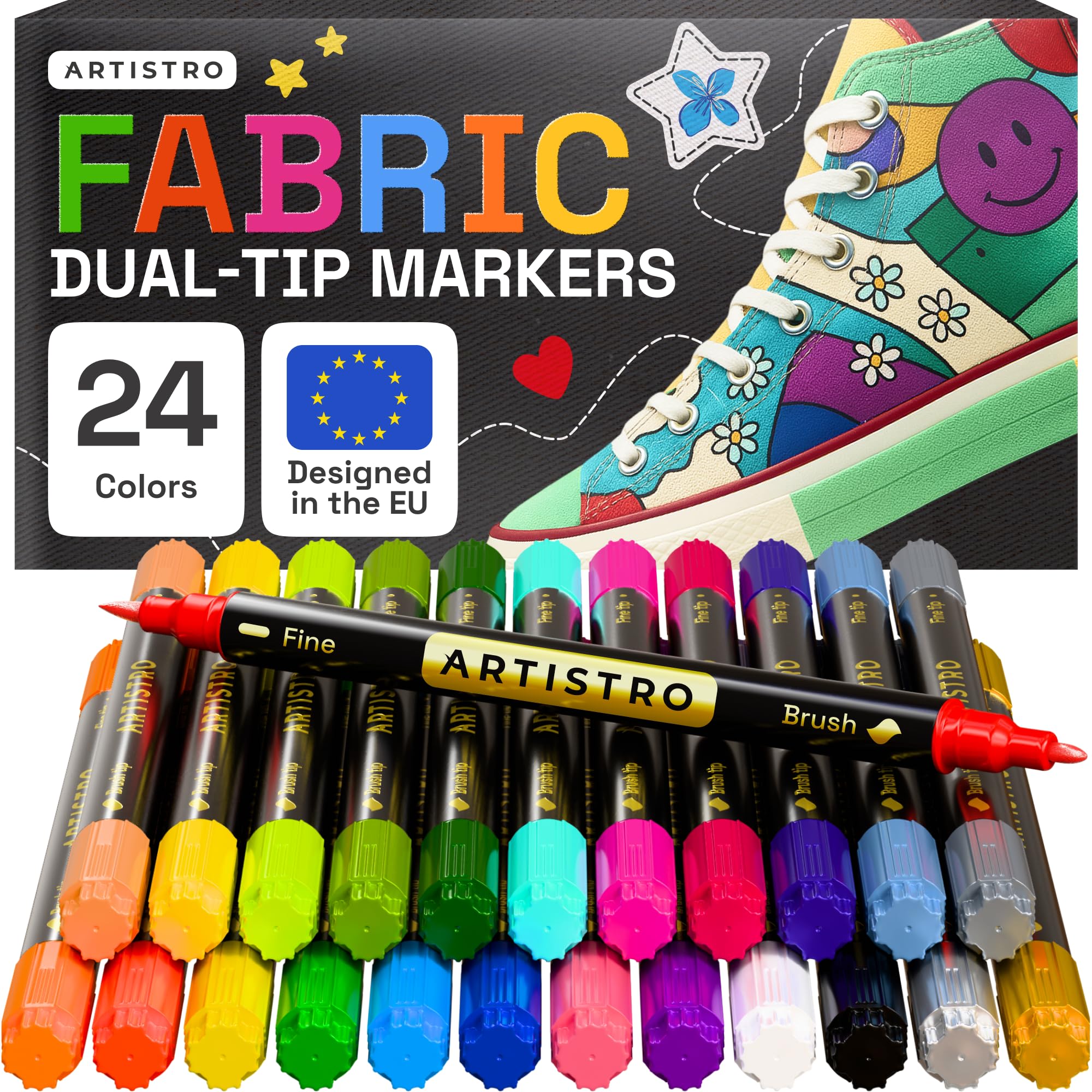 Artistro 24 Doppelseitige Textilstifte- Stoffdekorationsset - Permanent für Kleidung - Kein Auslaufen für T-Shirts, Taschen, Textilien, Leinwand und mehr (Pinselspitze und Feine Spitze)