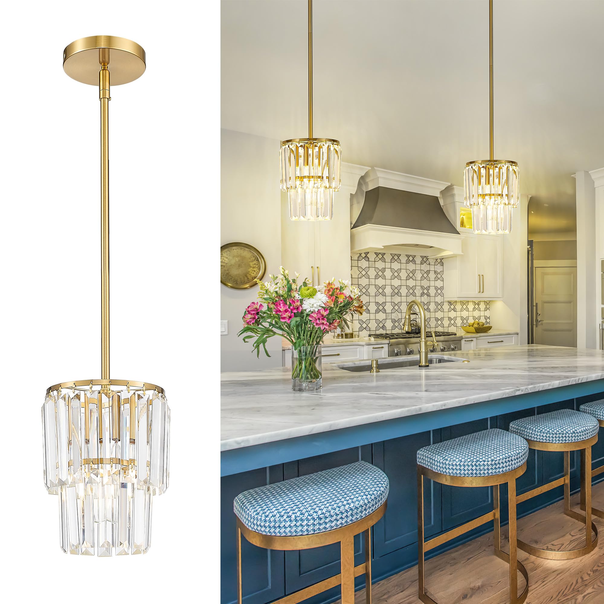 KLKLCH Small Chandelier Light Fixture, Gold Crystal Pendant Light