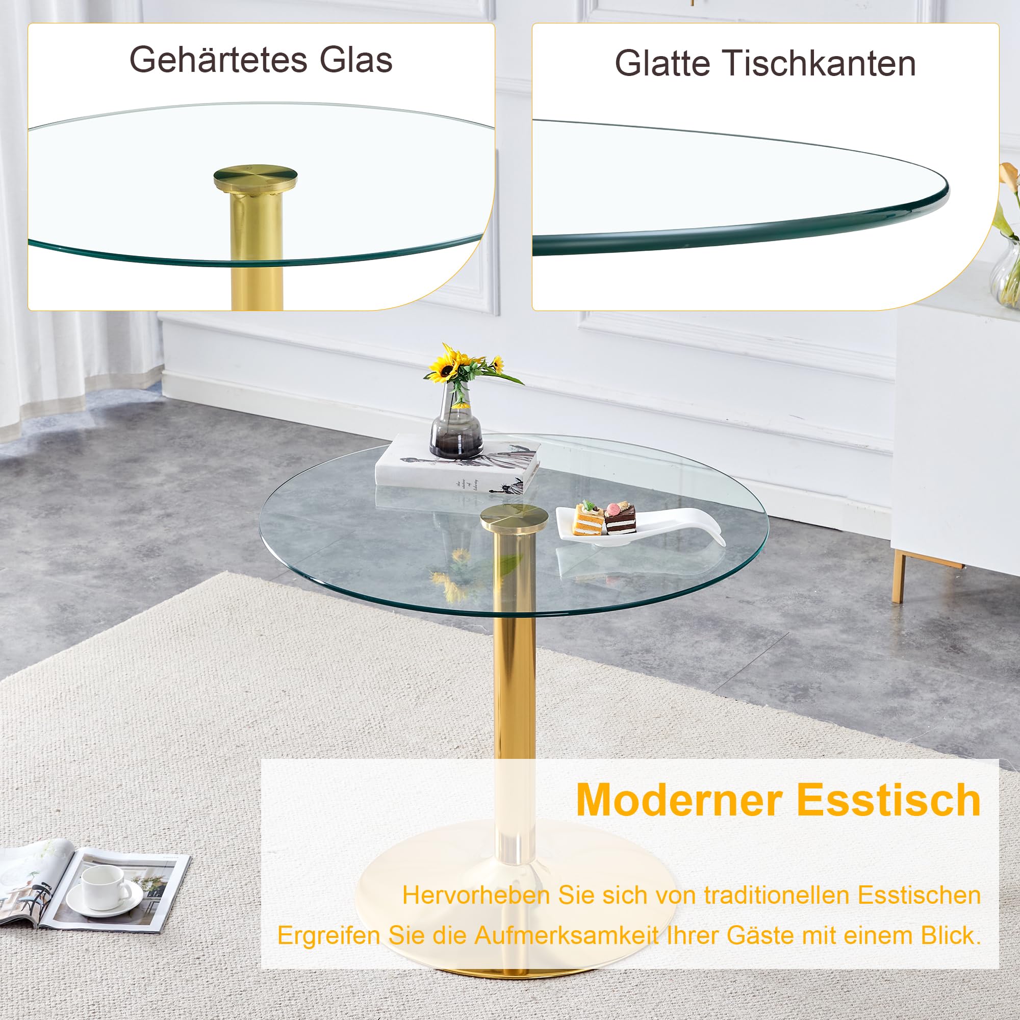 Runder Esstisch 85 cm Durchmesser, Küchentisch mit Glasplatte und Metallbeinen, Moderner Glastisch, runder Bistrotisch, stabiles Sicherheitsglas, Pflegeleichte Glasoberfläche, Gold
