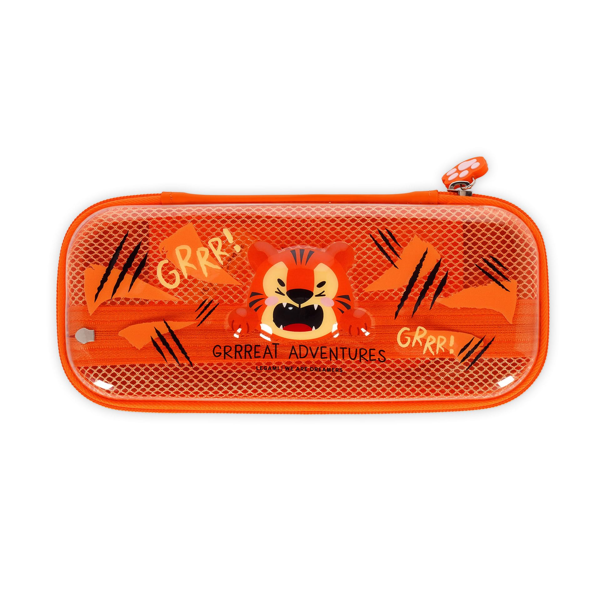 Legami - Wonderwow Pencil Case, Tiger Theme, 2 Compartments and Inner Pen Holder, Inner Compartment with Mesh Fabric, Zip Closure, 23 x 11 x 5 cm