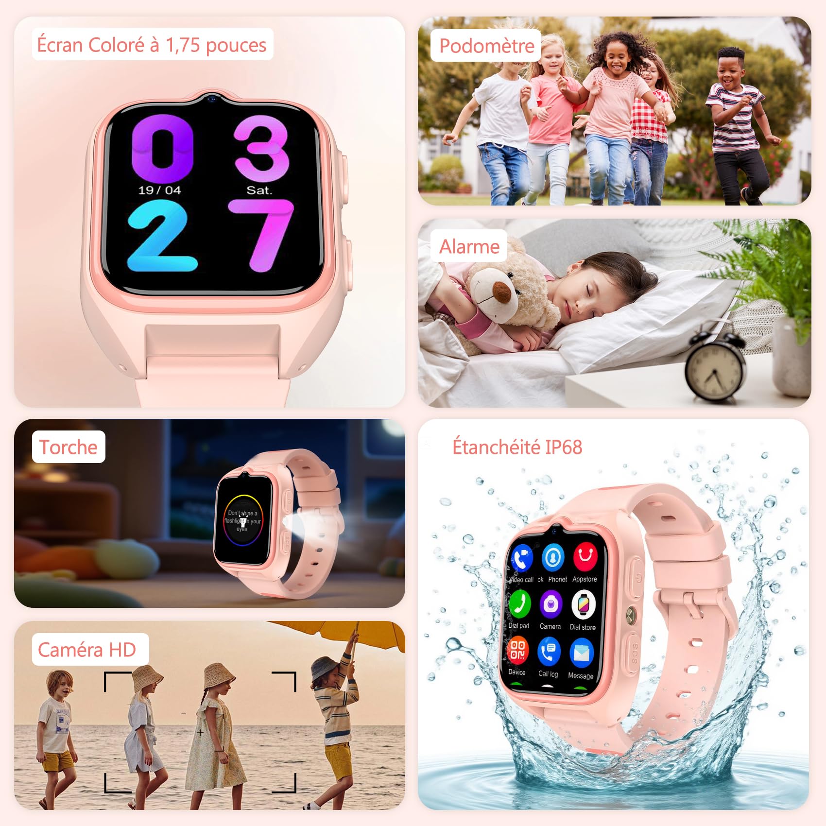 IOWODO Montre Connectée 4G pour Enfants GPS, Appels Vidéo, SOS, Lampe Torche LED, Mode Classe, Jeux, Appareil Photo, étanche IP68, Cadeau et Jouet pour Filles et Garçons