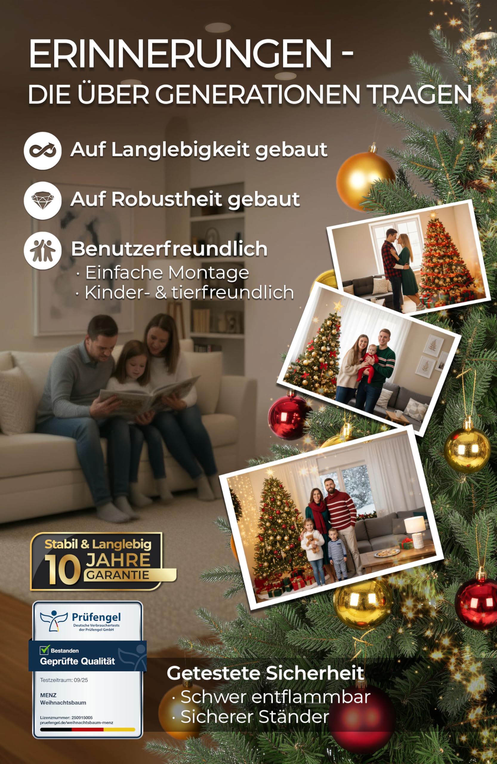 MENZ Weihnachtsbaum künstlich 180 cm, Testsieger 91/100, 10 Jahre Garantie. | Premium Tannenbaum künstlich, naturgetreue Nordmanntanne mit 1.050 Spitzen, Ø 115 cm, Holzständer, Christbaum, Christmas Tree