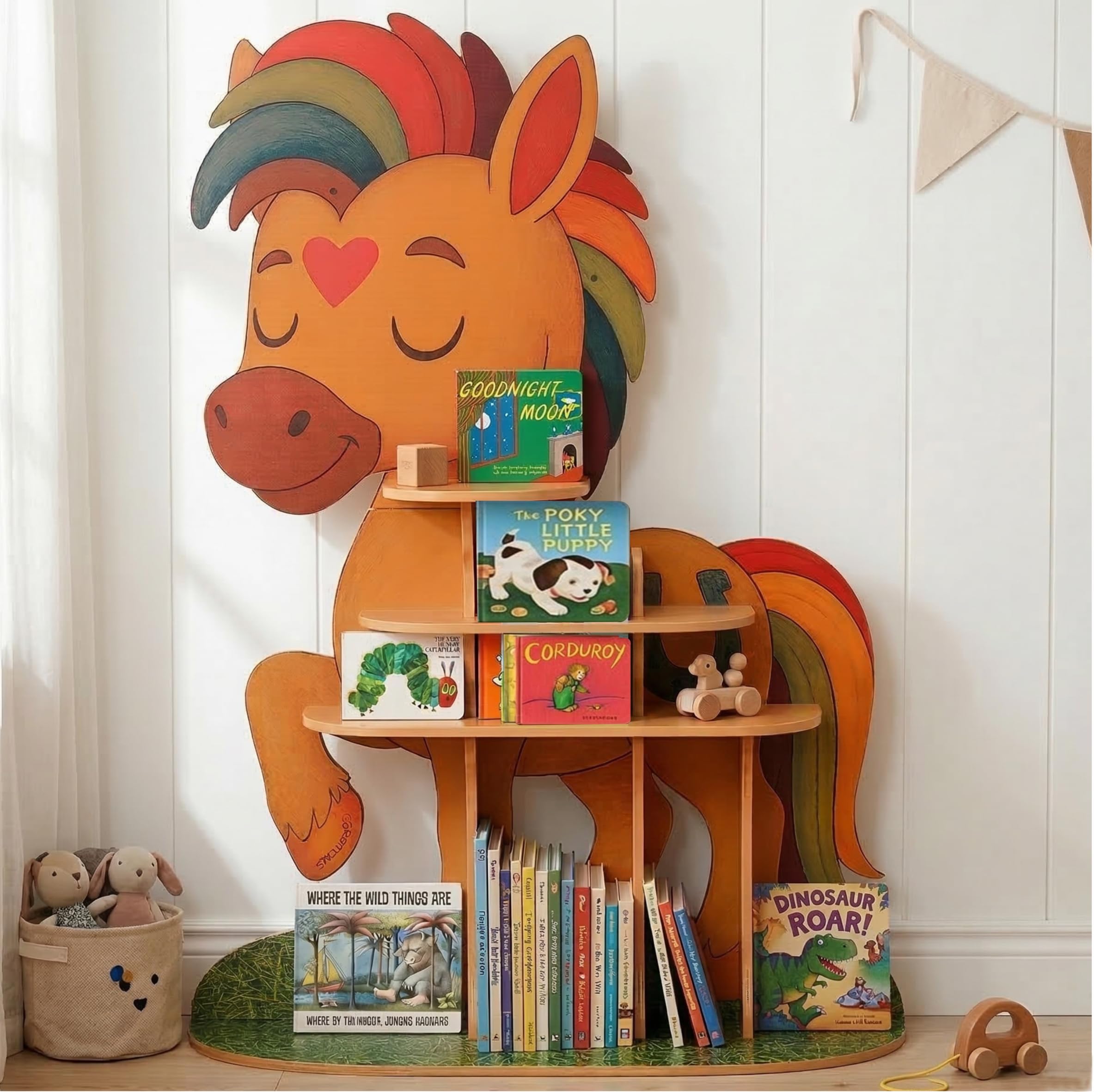 Horse Large Kids Bookshelf Organizer - 44" Tall Wooden Book Shelf for Kids Rooms - Kid Bookshelf for Nursery Shelving, Playroom Organization And Storage, Kid Room Decor or Nursery Bookcase Toy Shelf
