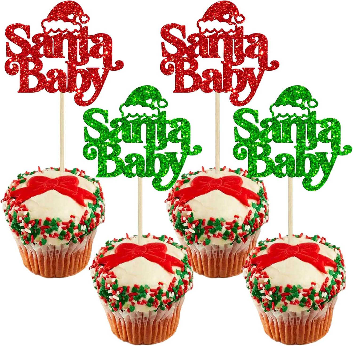 Ephlyn 24Pcs Christmas Santa Baby Cupcake Toppers Glitter Merry Christmas Cupcake Picks for Baby Shower Gender Reveal Kids Boys Girls Birthday Party Cake Decorations Supplies Multicolor
