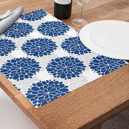 Miniatura 2 de Juego de 4 manteles individuales de flores azules, manteles individuales de PVC lavables, manteles individuales de vinilo tejido gris con hortensias