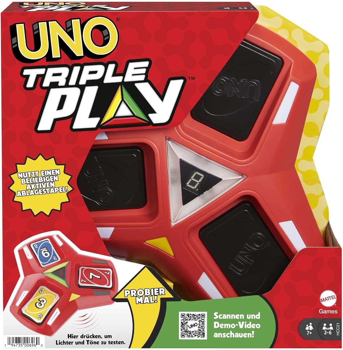 Juego de cartas UNO Triple Play con unidad portatarjetas con luces y sonidos y 112 cartas, regalo nocturno de juegos para niños, adolescentes y adultos a partir de 7 años, HCC21