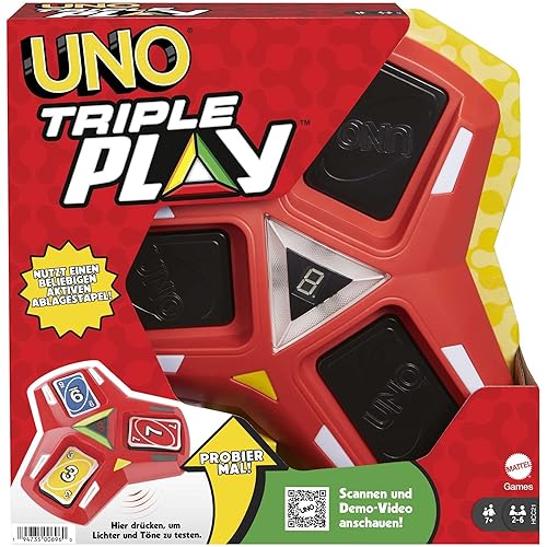 UNO Triple Play Card Game with Card-Holder Unit with Lights & Sounds & 112 Cards, Kid, Teen & Adult Game Night Gift Ages 7 Years & Older, HCC21