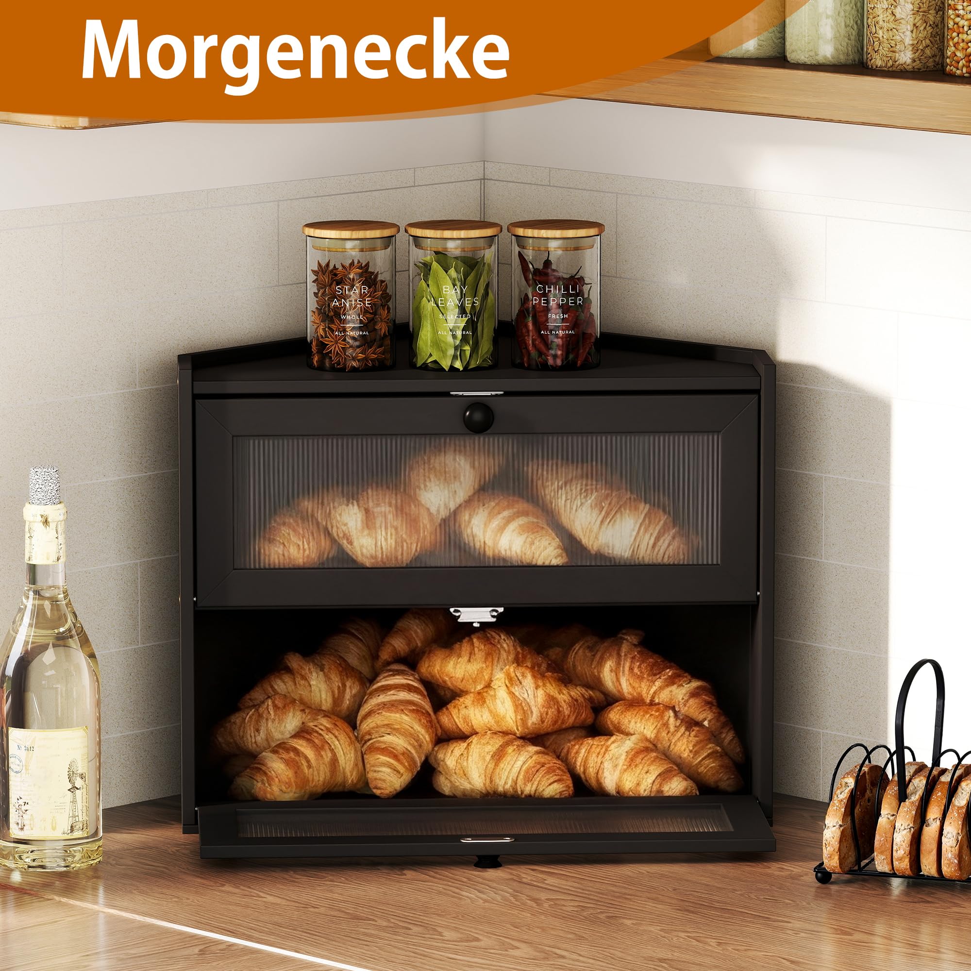 Schwarzer Eckbrotkasten 42 x 30 x 35 cm Groß Brotkasten Holz | 2 Stöckiger, Natürlicher Bambus, Klares Fenster, Frisch Halten, Tür mit Magnetverschluss, für Brot, Obst Küchen Storage