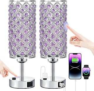 Hong-in Crystal Lamps Set of 2, 3 Way Dimmable Touch Lamp with Crystal S...