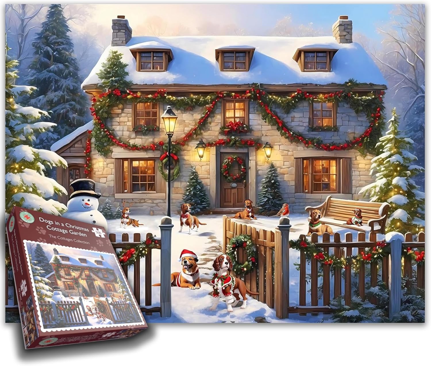 Dogs in a Christmas Cottage Garden with Snow 500 Piece Festive Jigsaw Puzzle for Adults - Family Fun Games for Xmas - Size 50cm x 38cm (20 x 15 inches)